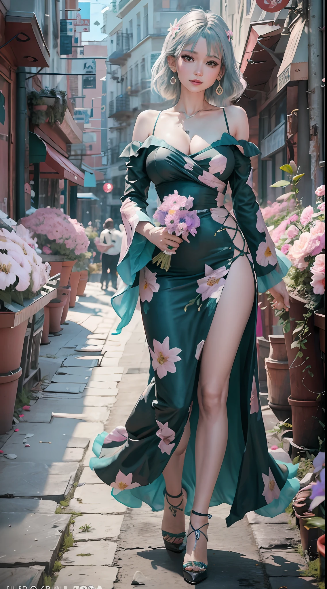 nikon RAW photo,8k,Fujifilm XT3,masterpiece,best quality,realistic,photorealistic,ultra detailed,extremely detailed face,cinematic lighting, gril,1girl,solo,full body, earrings, edium breasts, high heels, dynamic pose,happy,Surrounded by flowers,(flower:1.2),Rich details,fashion, bakery, DarkMagenta medium hime_cut, PaleTurquoise lily Dress,