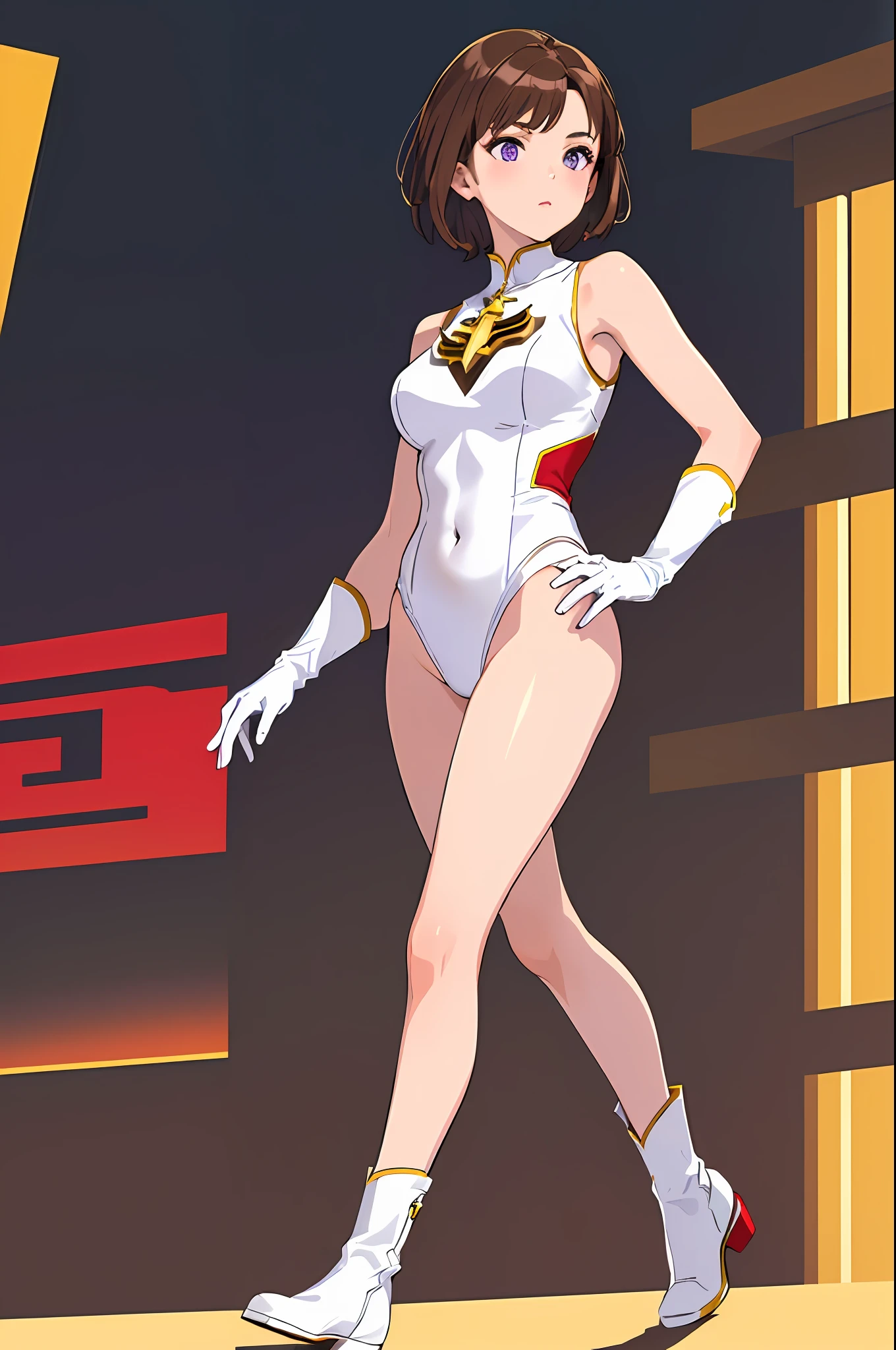 ((masterpiece)). ((best quality)), ((highres)), 1girl, solo, short hair, brown hair, purple eyes, (full body), standing, hands on hip, (sleeveless white and red leotard with yellow accents and star emblem embedded in chest area), (matching white gloves), ((bare legs)), superhero, tokyo city backdrop, matching boots, medium breasts, 20 age,