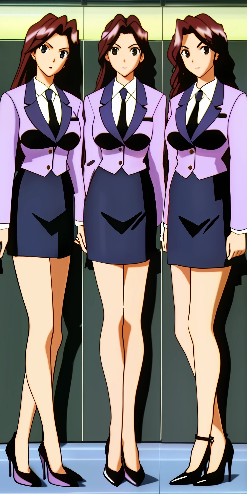 3girls, identical triplets, long curly brown hair, matching hairstyle, large_breasts, ErinaSkirtSuit, skirt suit, short skirt, high heels, matching outfits, extremely detailed