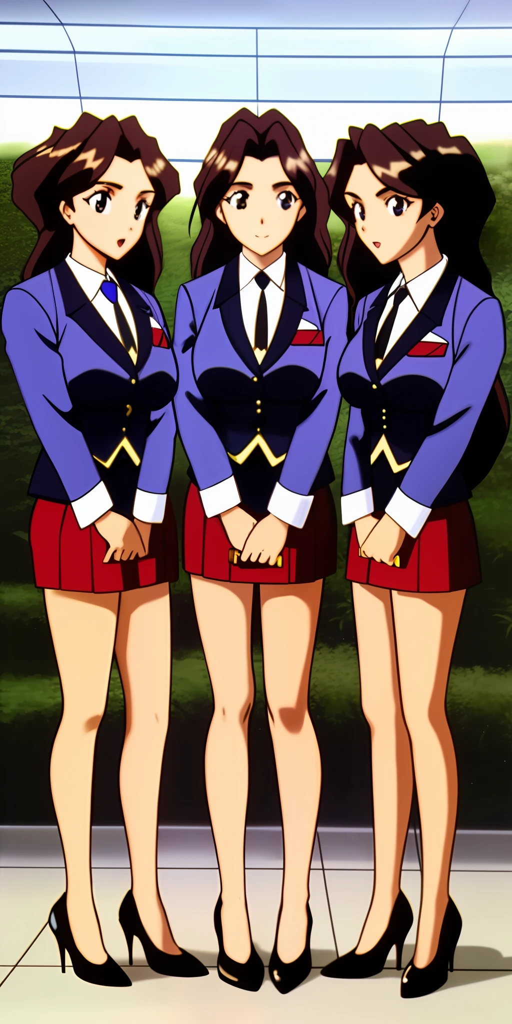 3girls, identical triplets, long curly brown hair, matching hairstyle, large_breasts, ErinaSkirtSuit, skirt suit, short skirt, high heels, matching outfits, extremely detailed