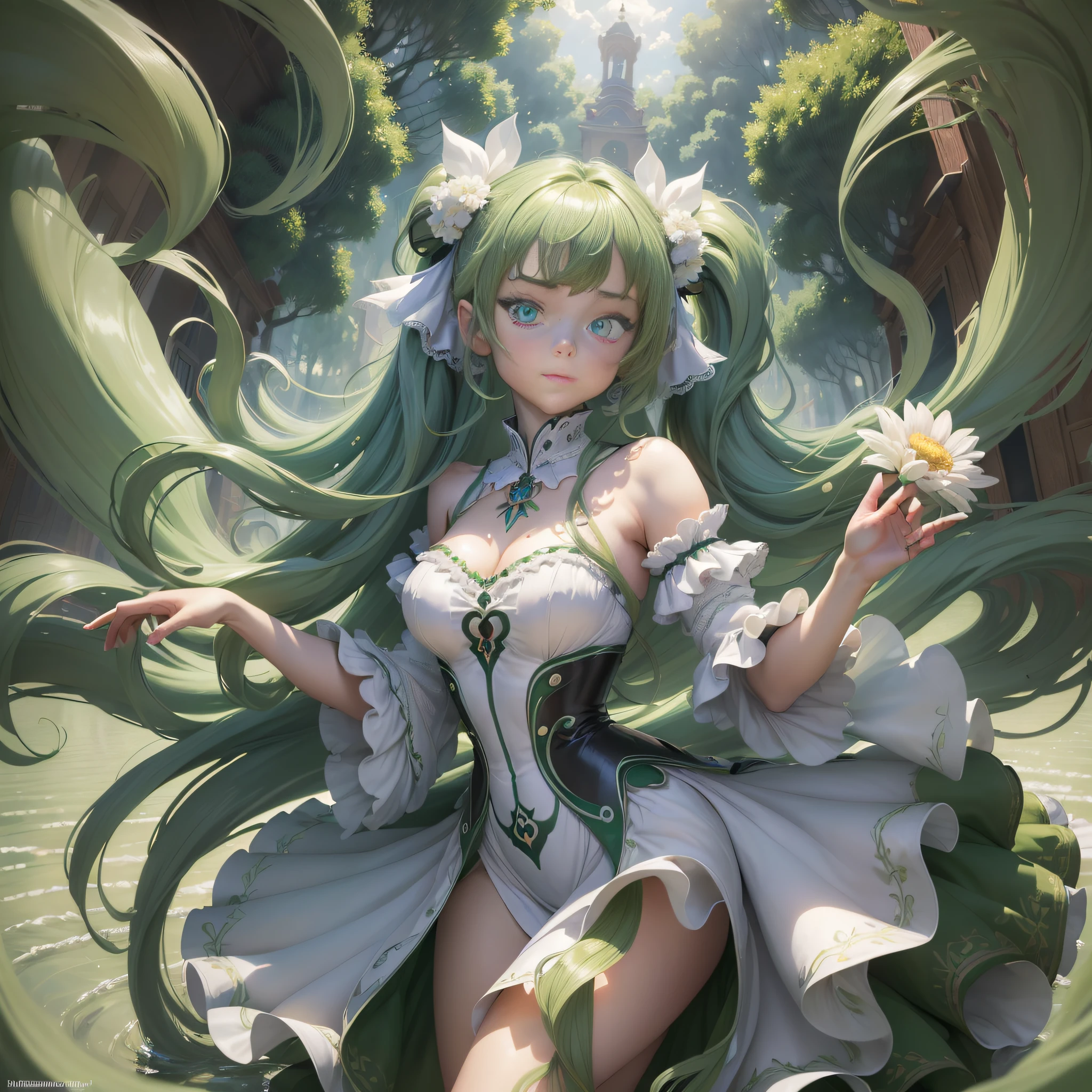 (((masterpiece))),(((bestquality))),((ultra-detailed)),(illustration),((anextremelydelicateandbeautiful)),dynamicangle,floating,(beautifuldetailedeyes),(detailedlight) (1girl), solo, floating_hair,glowingeyes,green hair,greeneyes, twintails, halterdress, tachi-e, full body, white background,