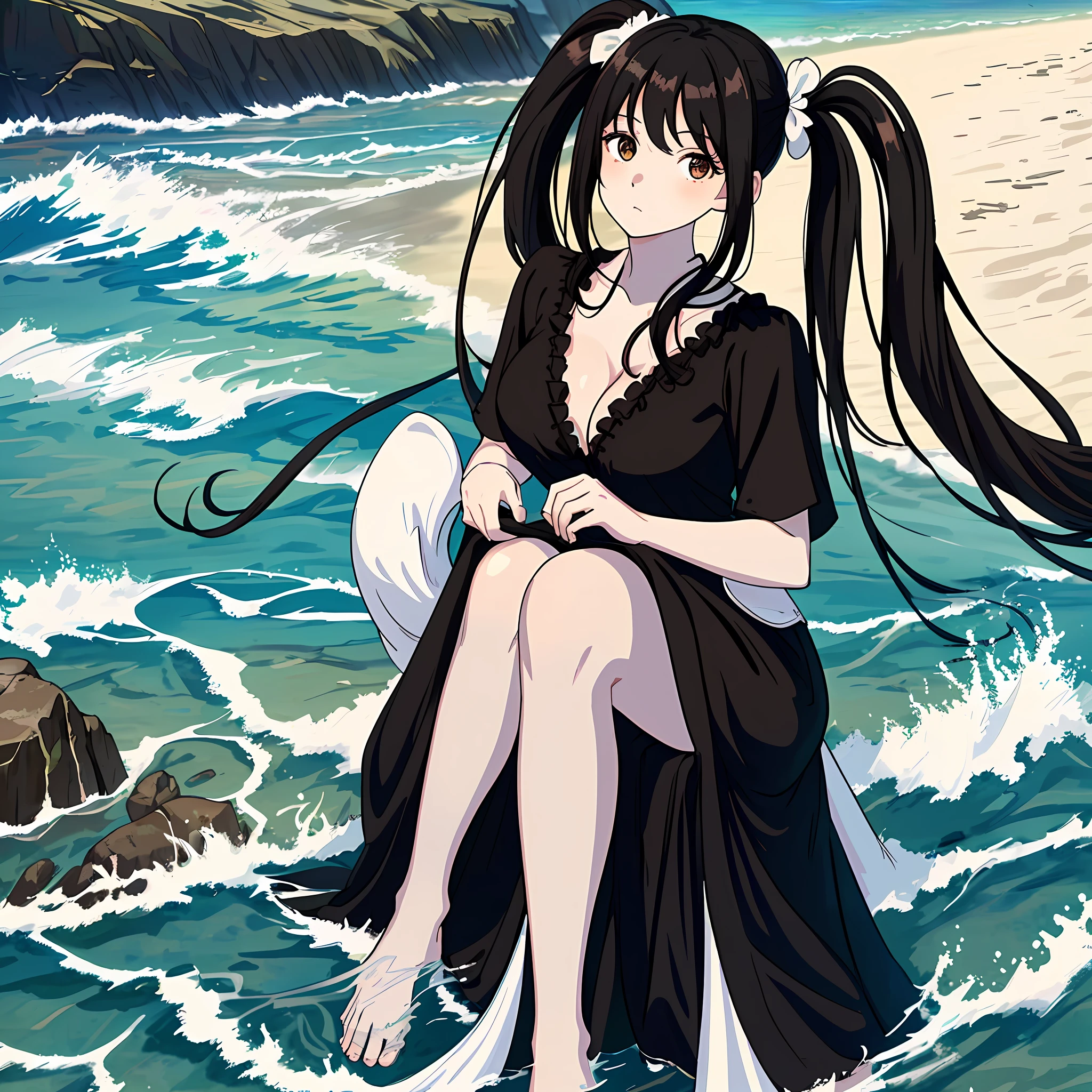 masterpiece: 1.2, best quality), (finely detailed beautiful eyes: 1.2), a girl with twintail, brown eyes, with an open black nightgown in front and no bra, beach, water, black spot large breasts, age 20, black hair, pale white skin