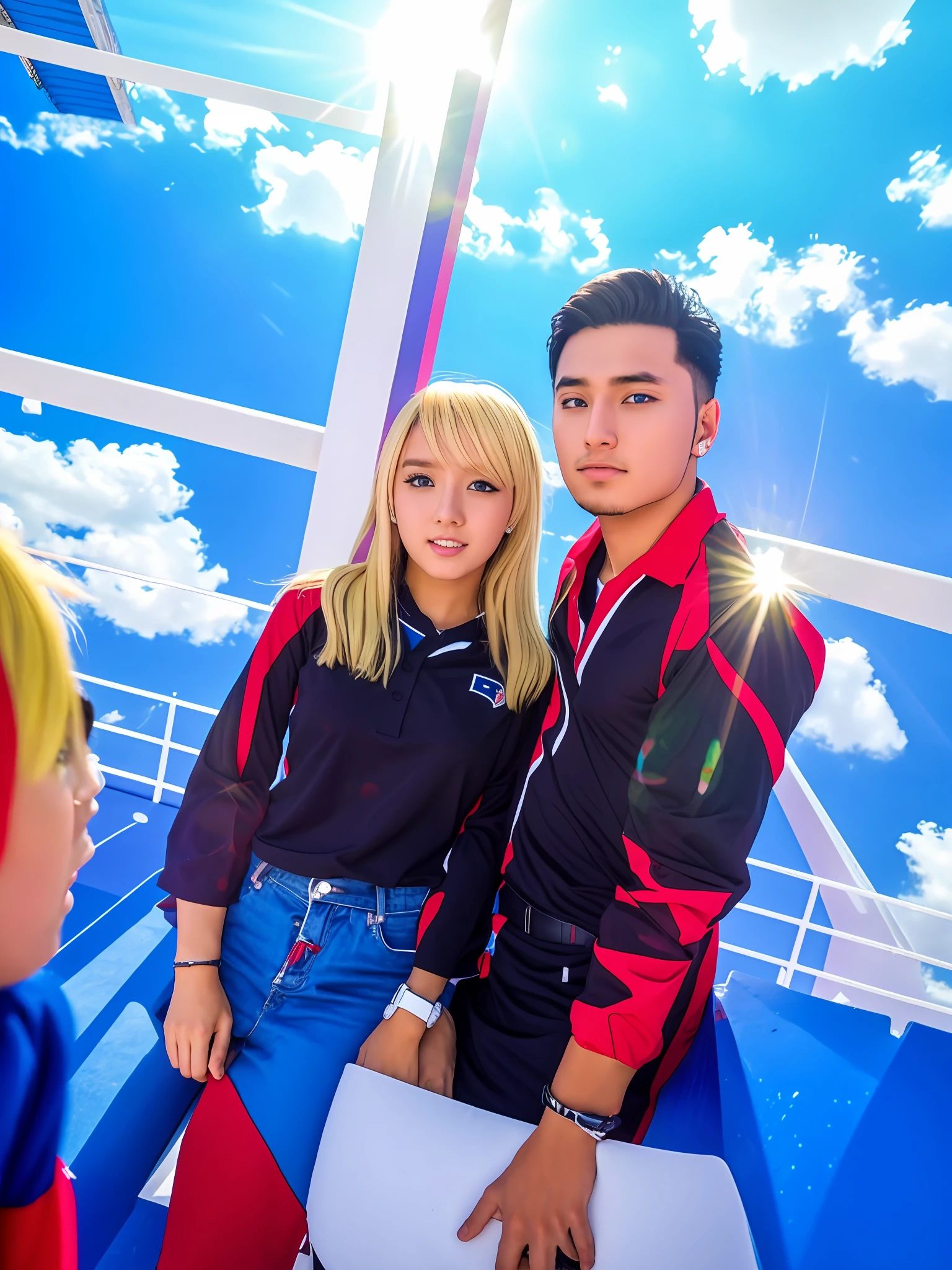 Couple posing in the stadium, cute couple, 8K selfie photos, very, very high quality pictures, anime, official
