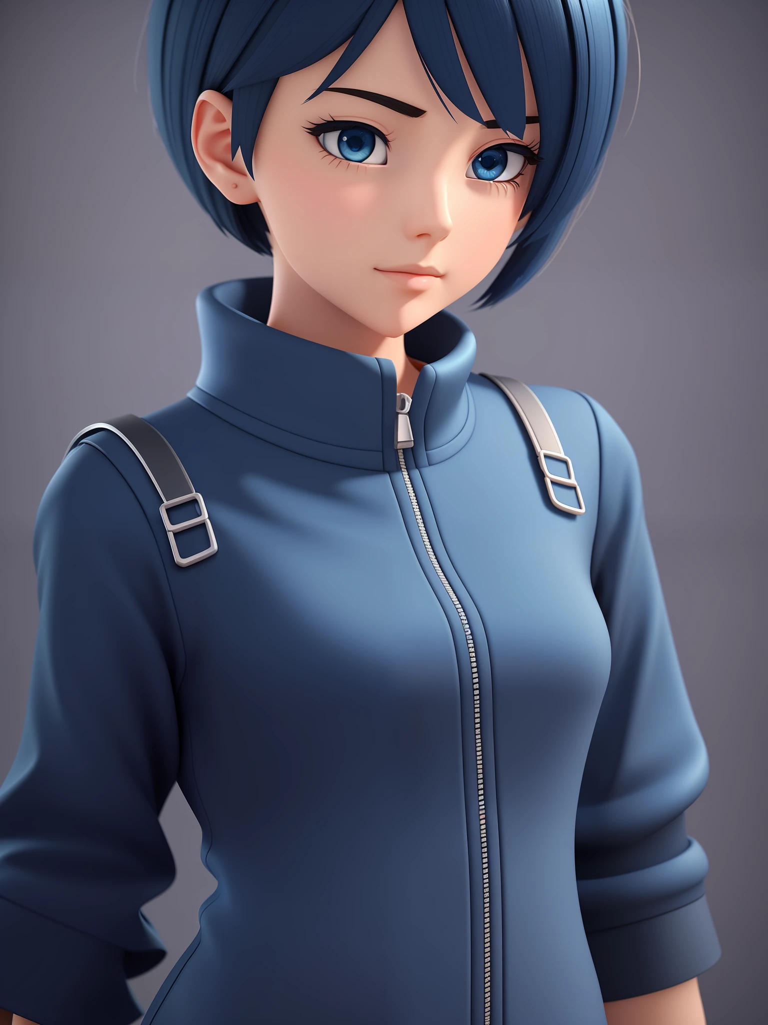 Young girl, a cartoon character light dark blue clothing, (short hair and dark blue), stylized character, animation character, stylized 3d render, 3d character, highly detailed character, stylized anime, stylized 3d, render character, character model, close up, maximum quality