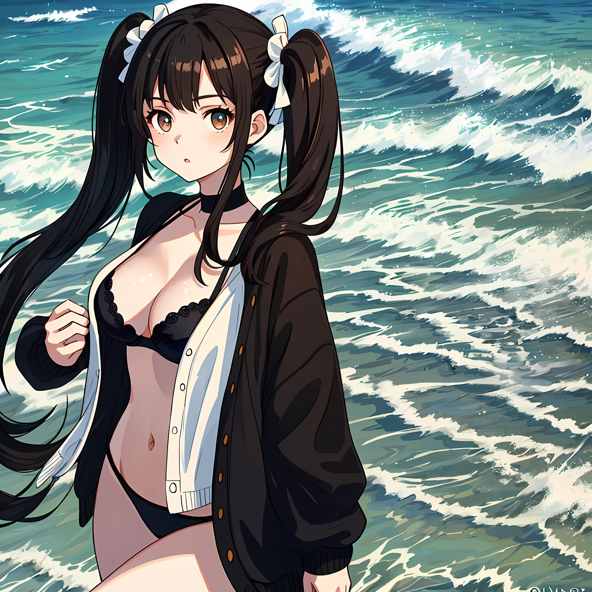 (masterpiece: 1.2, best quality), (finely detailed beautiful eyes: 1.2), a girl with twintail, brown eyes, with an open black sweater on the front black bra, beach, water, large breasts, age 20, black hair, pale white skin