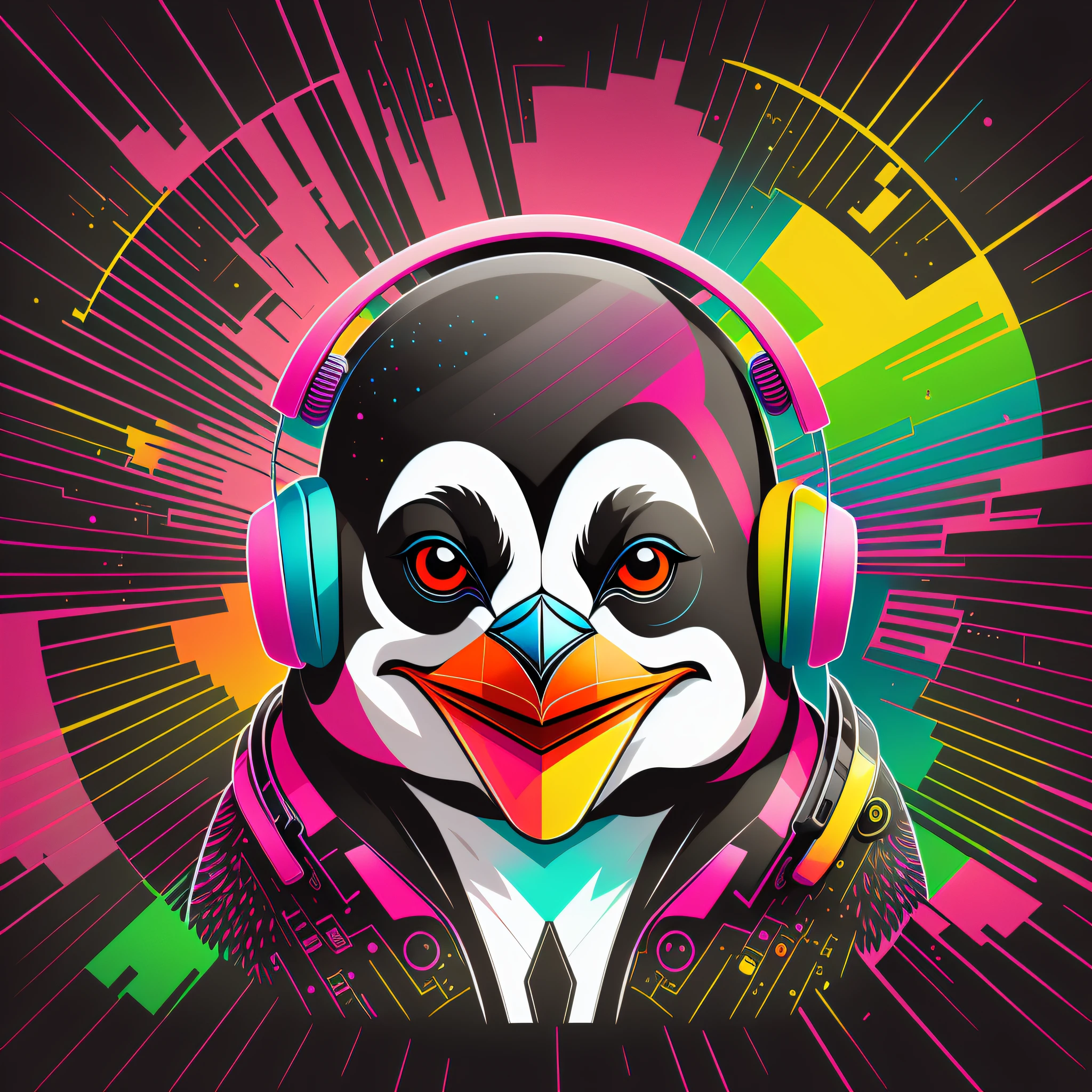 "Penguin-centered, vector t-shirt art, wearing headphones, brightly colored, and highly detailed ". --auto --s2