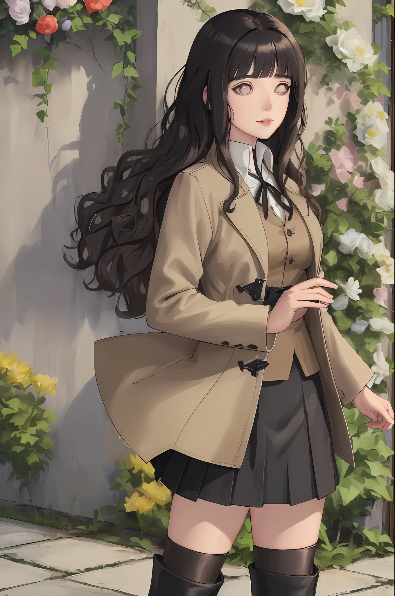(absurdres, highres, ultra detailed), masterpiece, hinata\(boruto\), solo, 1girl,medium breasts, pleated long brown coat, white shirt, black mini skirt, black long boots, smile, (((long wavy hair))),standing, blink blink effect, (((detailed lips))), cowboy shoot, garden, flowers