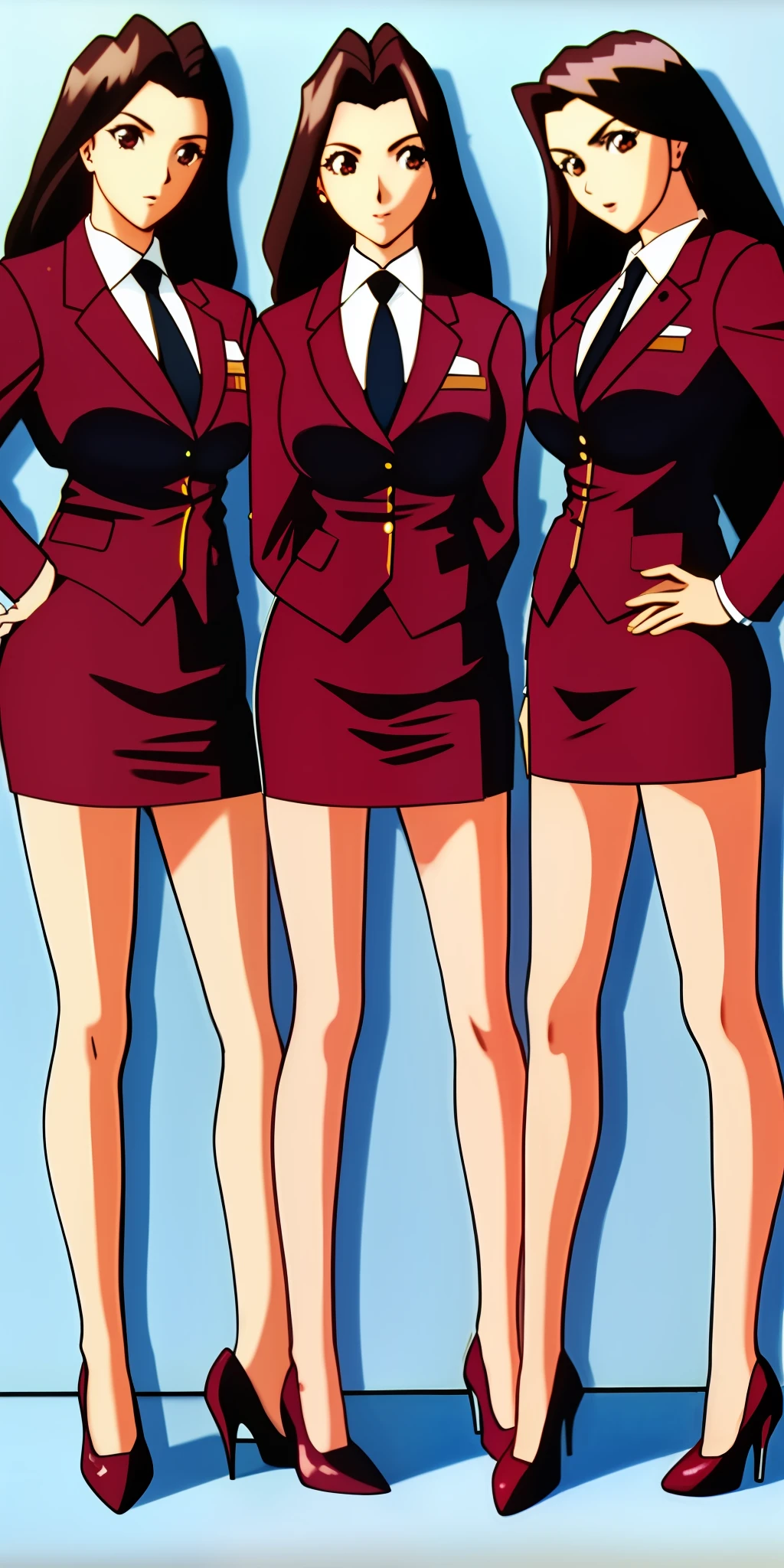 3girls, identical triplets, long curly brown hair, matching hairstyle, large_breasts, ErinaSkirtSuit, skirt suit, short skirt, high heels, matching outfits, extremely detailed, same pose