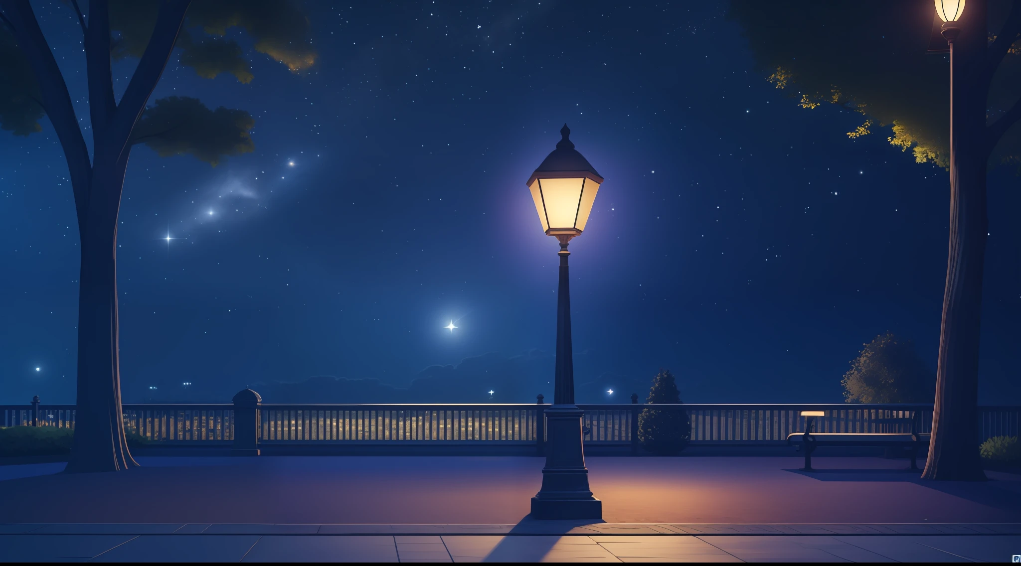 night, night time view, lamp post, bench, park, starry night, stars, moon, space, ray traced