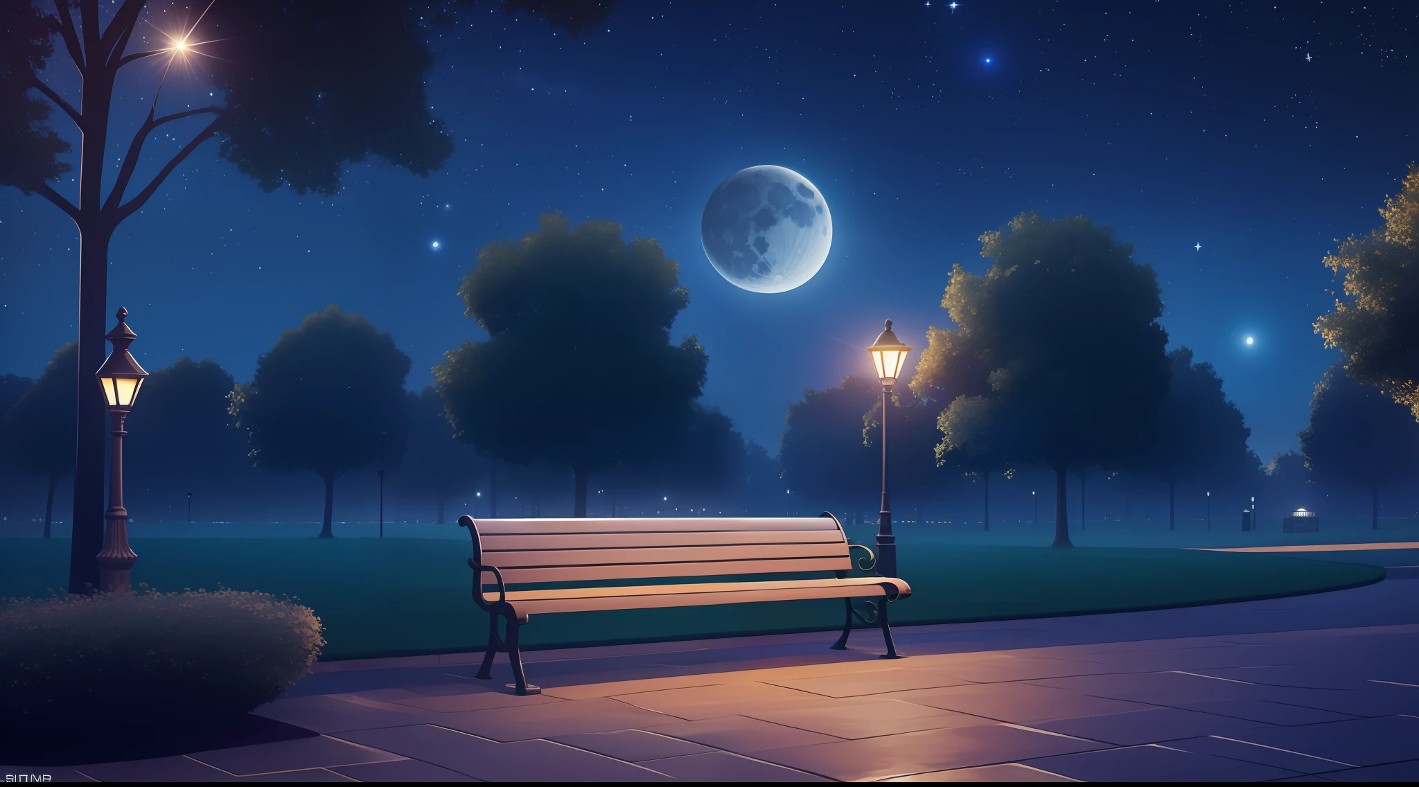 night, night time view, lamp post, bench, park, starry night, stars, moon, space, ray traced