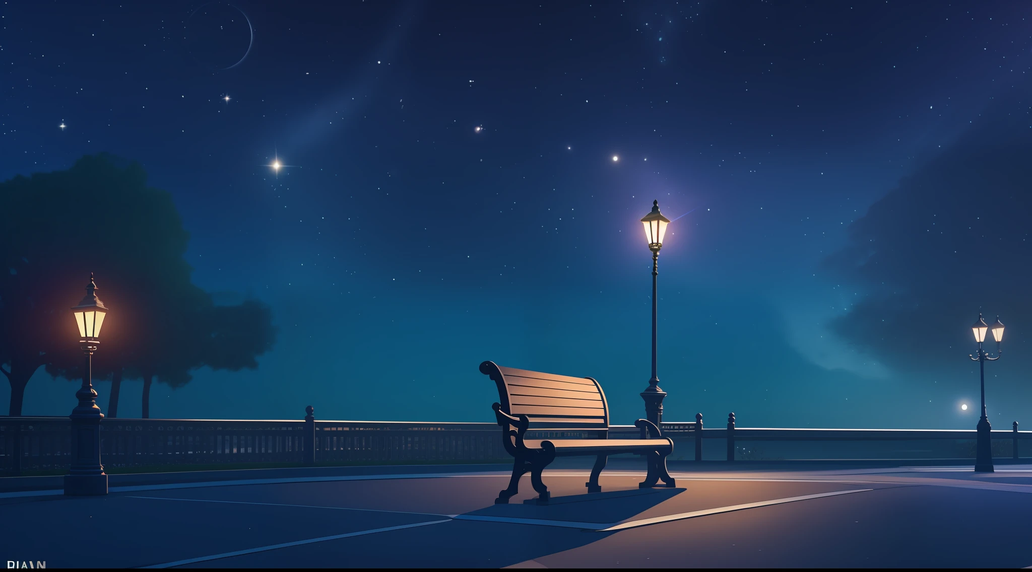 night, night time view, lamp post, bench, park, starry night, stars, moon, space, ray traced