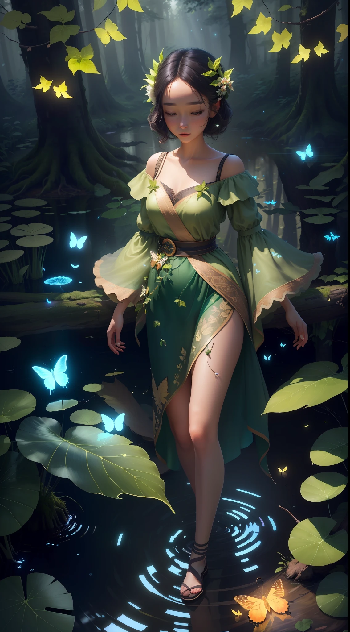 A masterpiece, the best quality, stunning reflections, the best reflections ever. (very detailed CG unity 8k wallpapers), (best quality), (best illustrations), (best shadows), forest theme with natural elements. Tall trees, quiet streams, small glowing mushrooms surrounded by delicate leaves and branches, with fireflies and glowing particle effects,, (natural elements), (jungle theme), (leaves), (twigs), (fireflies), butterflies, (delicate leaves), (glow), (particle effects). , Isometric 3D, Octane Rendering, Ray Traced, Super Detailed