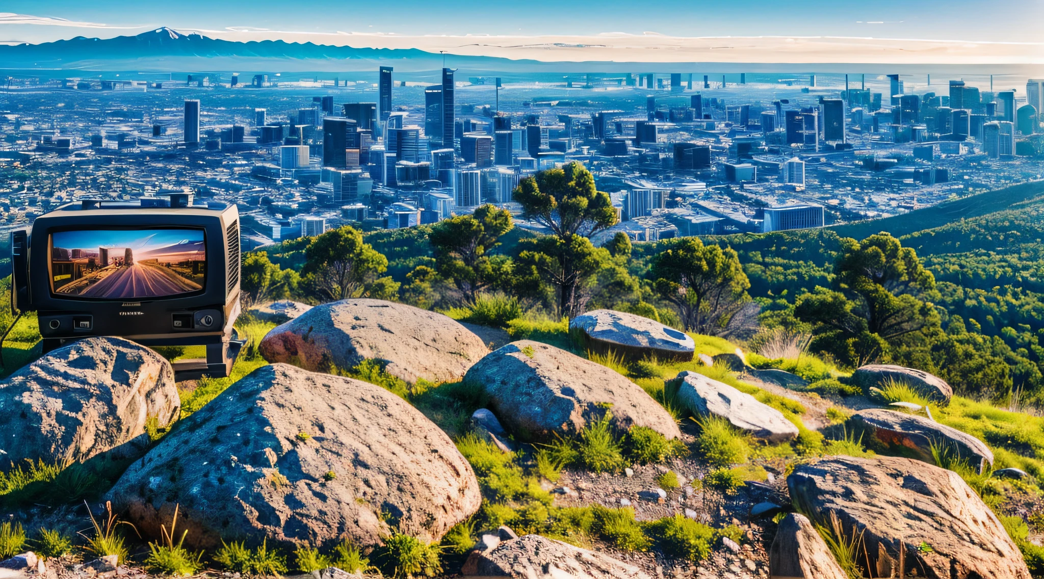 An ANALOG TV, close-up on a mountaintop view with a city skyline in the background on a sunny day, flare, shadows of trees on the ground, large rocks and vegetation, a giant tree, photorealistic, automotive, canon 5D 50mm lens --auto --s2