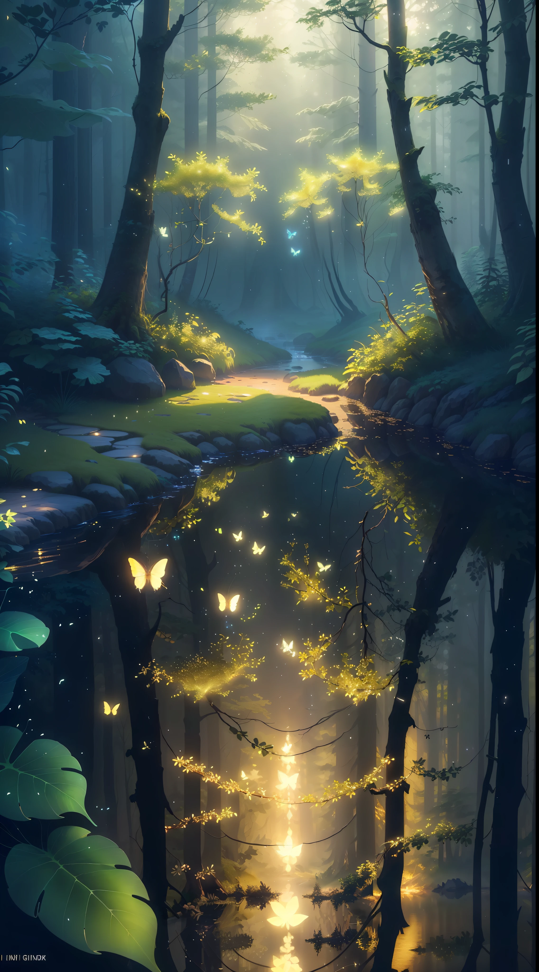 A masterpiece, the best quality, stunning reflections, the best reflections ever. (very detailed CG unity 8k wallpapers), (best quality), (best illustrations), (best shadows), forest theme with natural elements. Tall trees, quiet streams, small glowing mushrooms surrounded by delicate leaves and branches, with fireflies and glowing particle effects,, (natural elements), (jungle theme), (leaves), (twigs), (fireflies), butterflies, (delicate leaves), (glow), (particle effects). , Isometric 3D, Octane Rendering, Ray Traced, Super Detailed