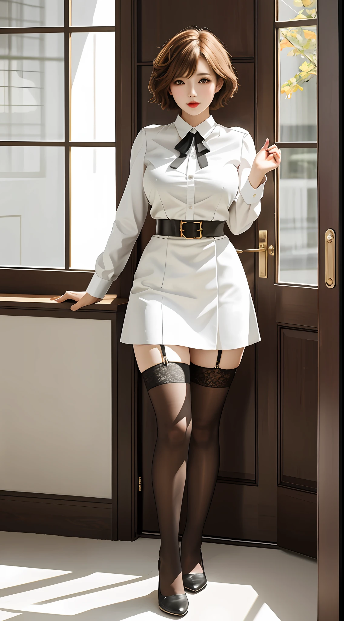 girl, single, best quality, full body photo,, beautiful, pretty, radiant, big breasts, short hair, long legs and big white legs, wearing stockings,