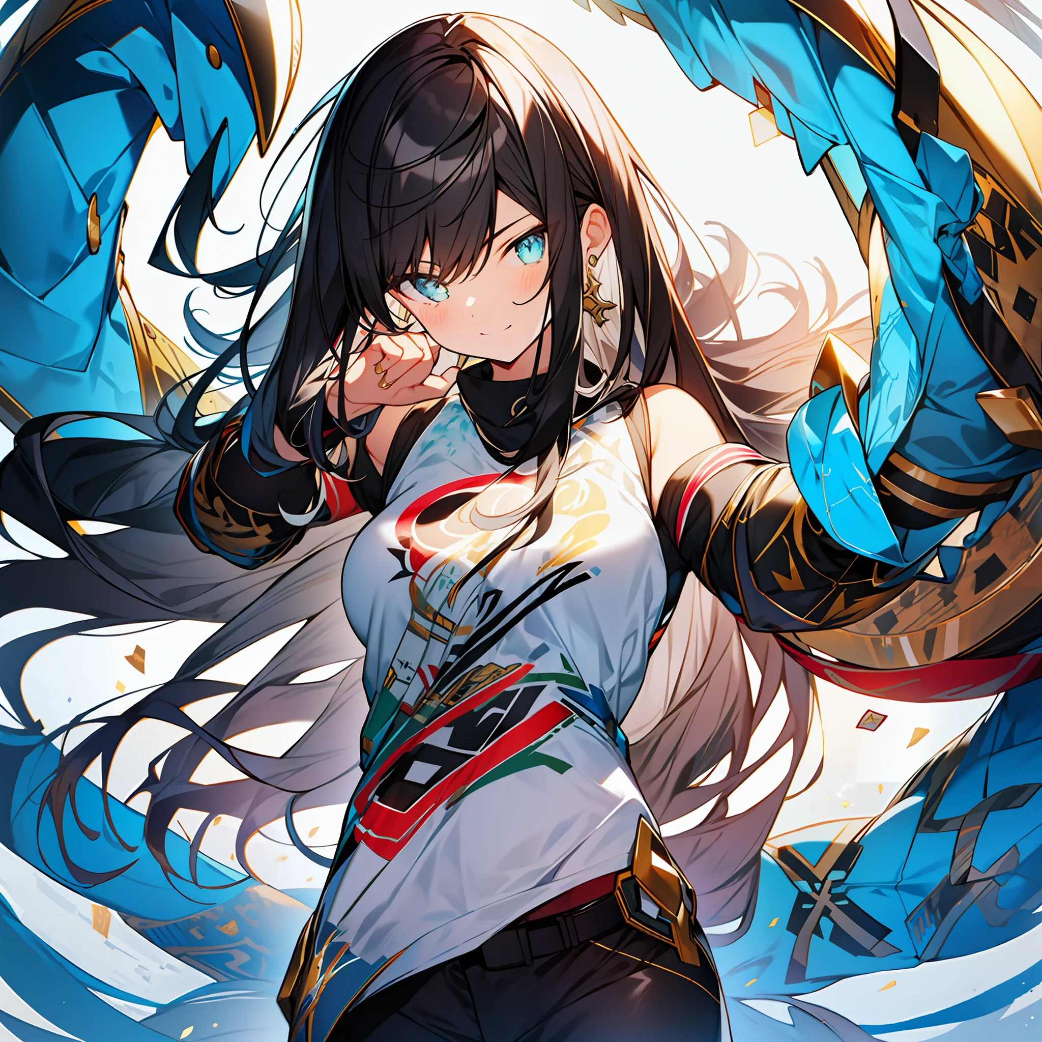 background, mixed-language_text, Japanese letters in graffit ,girls, long black hair, excellent lighting, sidelighting, (), vhsKeeper,, style GUILTY GEAR -STRIVE perfect ultimate (flat color: 1.3), (magazine_cover: 1.4), (multicolored_background: 1.3), striped_background, card_background, :: comix style by joe madureira :: circular pieces of white metals glued to the ultra detailed arms coming out shimmering yellow glow, , perfect and detailed,  ultra detailed shirt with abstract design and with Japanese letters print in graffit of the sides of the clothing, image of big breast girls, fighting next to you with powerful dragons versus alien creature full of tentacles, with immersive effects, hover effect, background graffiti style tribal tattoo with vibrant colors "HDR ultra" detailed and with focus effect,  (masterpiece: 1.2, best quality), (finely detailed beautiful eyes: 1.2), , ((Solo)), (Finely detailed eyes and detailed face:1.3), in various full-body attack poses, (cute background: 1.2),futuristic costume, super detailed circular metals Clinging to arms and pants, fantastic paintings