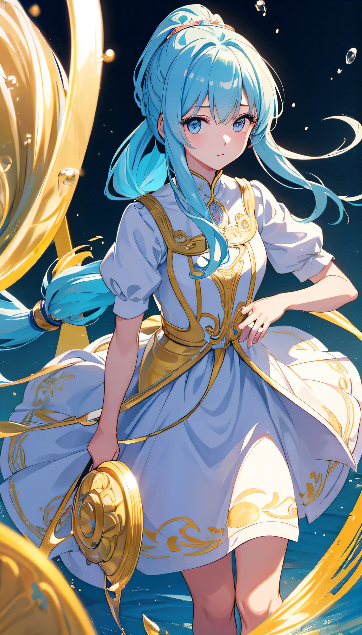 (masterpiece), (best quality), (ultra detailed),(disheed hair),(illustration), (1girl), (Fashionable clothing), standing, Fashion model, looking at viewer, (interview), (simple background), beautiful and delicate eyes, delicate beauty, floating, (high saturation), (colorful splash), colorful bubbles, (shine), focus on face, ponytail, Ayaka Kamisato, light blue hair, bangs, hair ring, floating flowers, flowing hair, (shiny), (reflective), best illumination, best shadow,