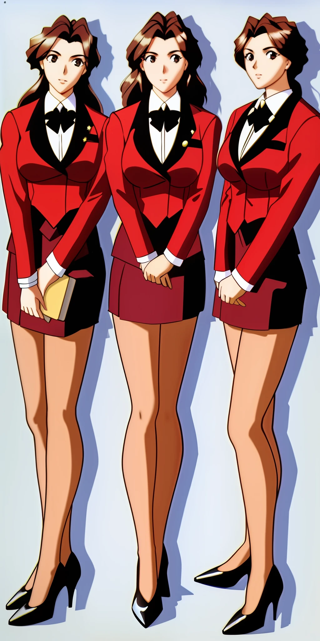 3girls, identical triplets, long curly brown hair, matching hairstyle, large_breasts, ErinaSkirtSuit, skirt suit, short skirt, high heels, matching outfits, extremely detailed, shoulder to shoulder