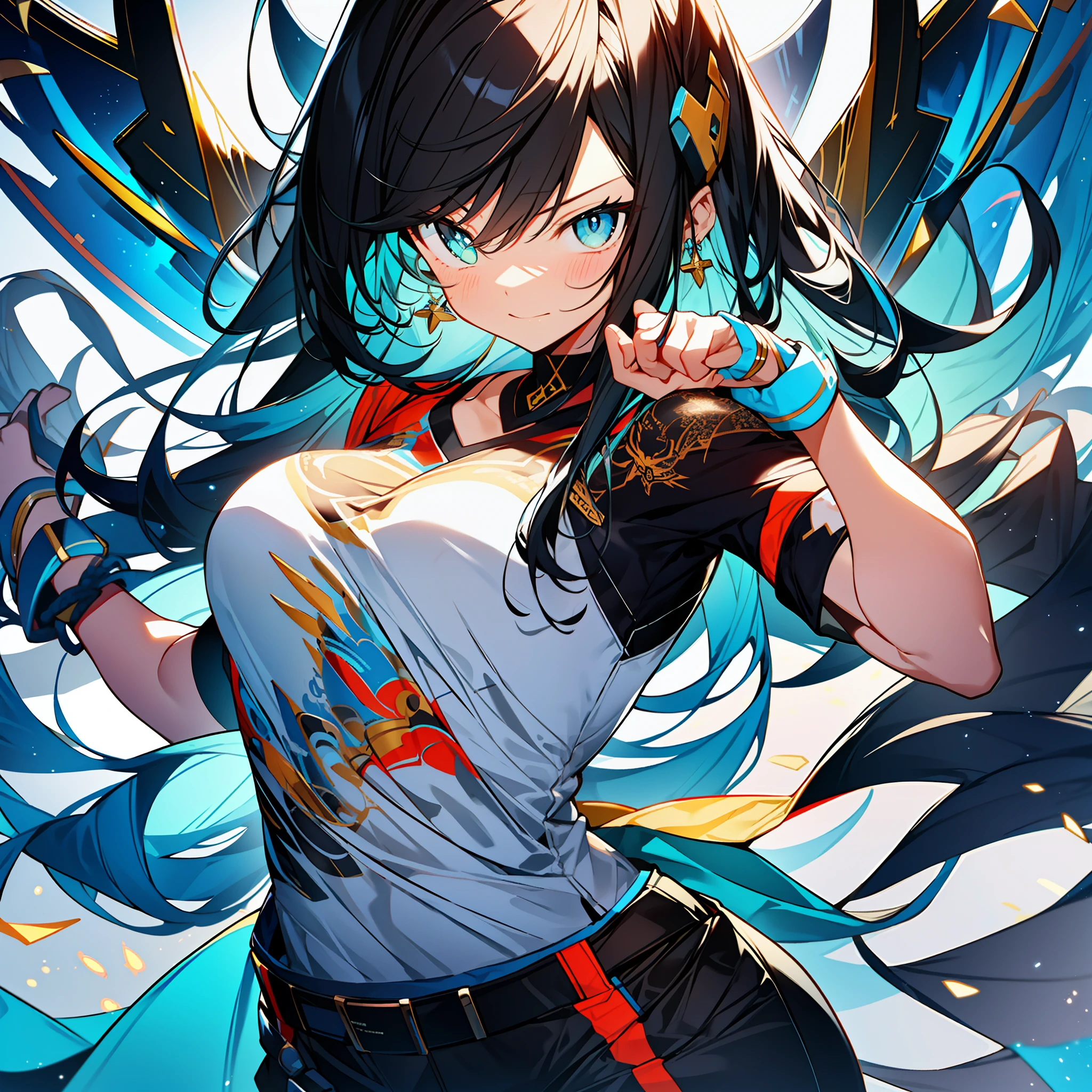 background, mixed-language_text, Japanese letters in graffit ,girls, long black hair, excellent lighting, sidelighting, (), vhsKeeper,, style GUILTY GEAR -STRIVE perfect ultimate (flat color: 1.3), (magazine_cover: 1.4), (multicolored_background: 1.3), striped_background, card_background, :: comix style by joe madureira :: circular pieces of white metals glued to the ultra detailed arms coming out shimmering yellow glow, , perfect and detailed, ultra detailed shirt with abstract design and with Japanese letters print in graffit of the sides of the clothing, image of big breast girls, fighting next to you with powerful dragons versus alien creature full of tentacles, with immersive effects, hover effect, background graffiti style tribal tattoo with vibrant colors "HDR ultra" detailed and with focus effect, (masterpiece: 1.2, best quality), (finely detailed beautiful eyes: 1.2), , ((Solo)), (Finely detailed eyes and detailed face:1.3), in various full-body attack poses, (cute background: 1.2),futuristic costume, super detailed circular metals Clinging to arms and pants, fantastic paintings