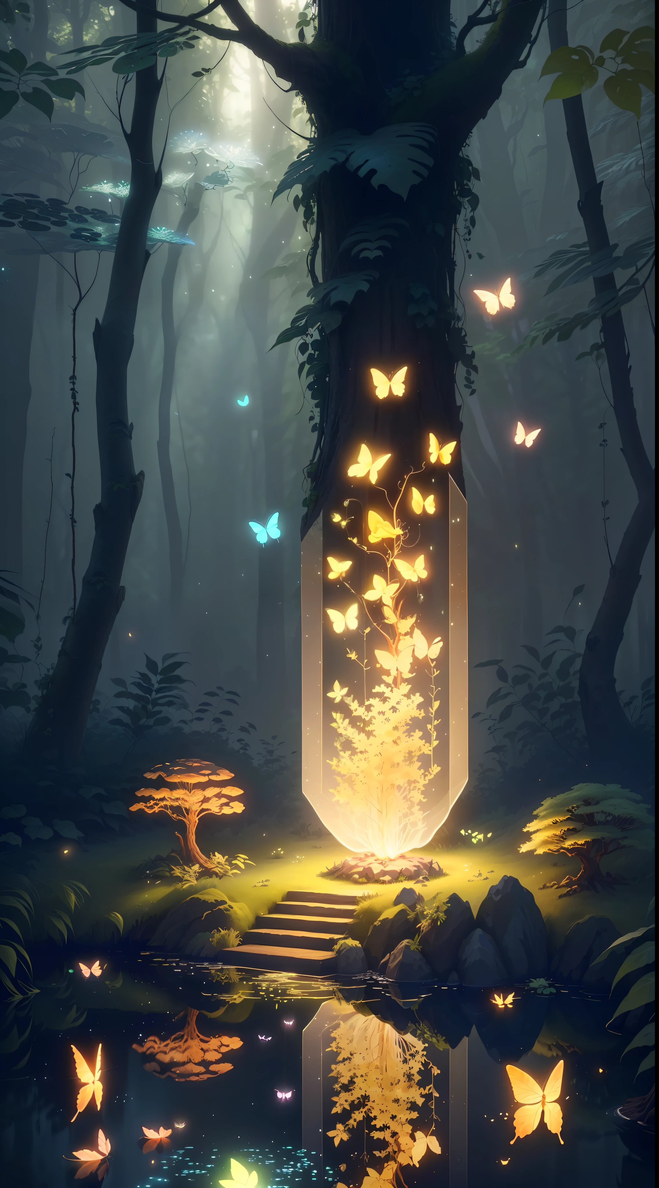 A masterpiece, the best quality, stunning reflections, the best reflections ever. (very detailed CG unity 8k wallpapers), (best quality), (best illustrations), (best shadows), forest theme with natural elements. Tall trees, quiet streams, small glowing mushrooms surrounded by delicate leaves and branches, with fireflies and glowing particle effects,, (natural elements), (jungle theme), (leaves), (twigs), (fireflies), butterflies, (delicate leaves), (glow), (particle effects). , Isometric 3D, Octane Rendering, Ray Traced, Super Detailed