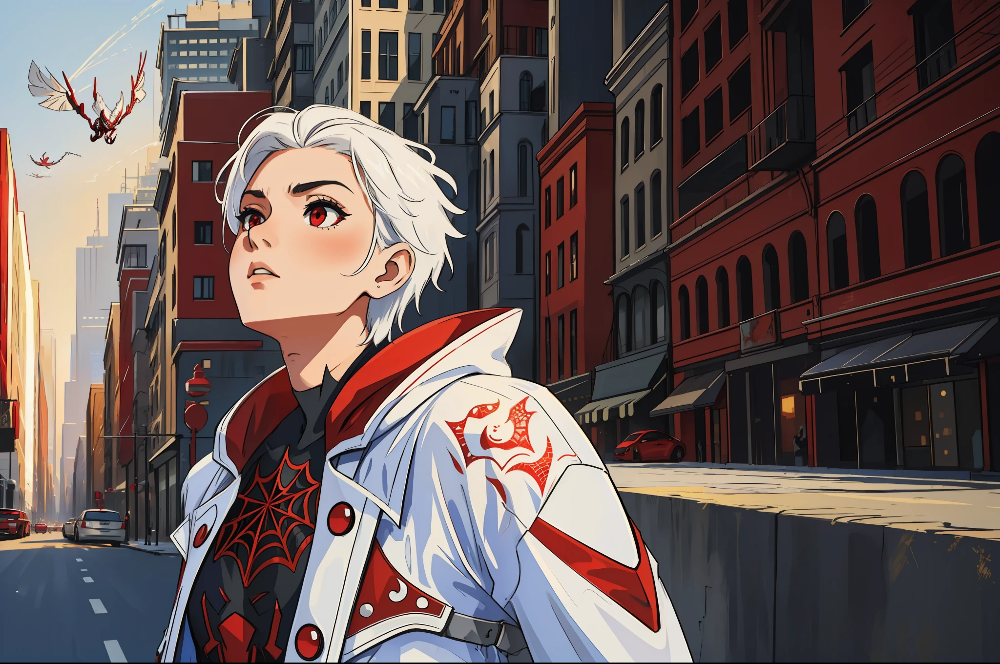 (masterpiece, best quality), intricate details, 8k, artstation, wallpaper, official art, screensaver, sharp focus,
1girl, boy, short hair, red eyes, white hair, 
 spider costume, web print, web,  
skyscrapers, city, buildings, cars, street,