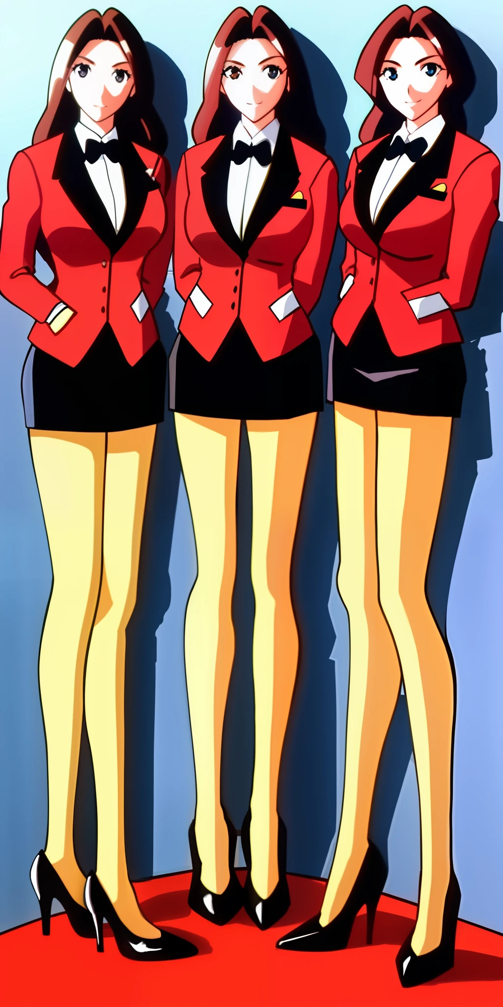 3girls, identical triplets, long curly brown hair, matching hairstyle, large_breasts, ErinaSkirtSuit, skirt suit, short skirt, high heels, matching outfits, extremely detailed