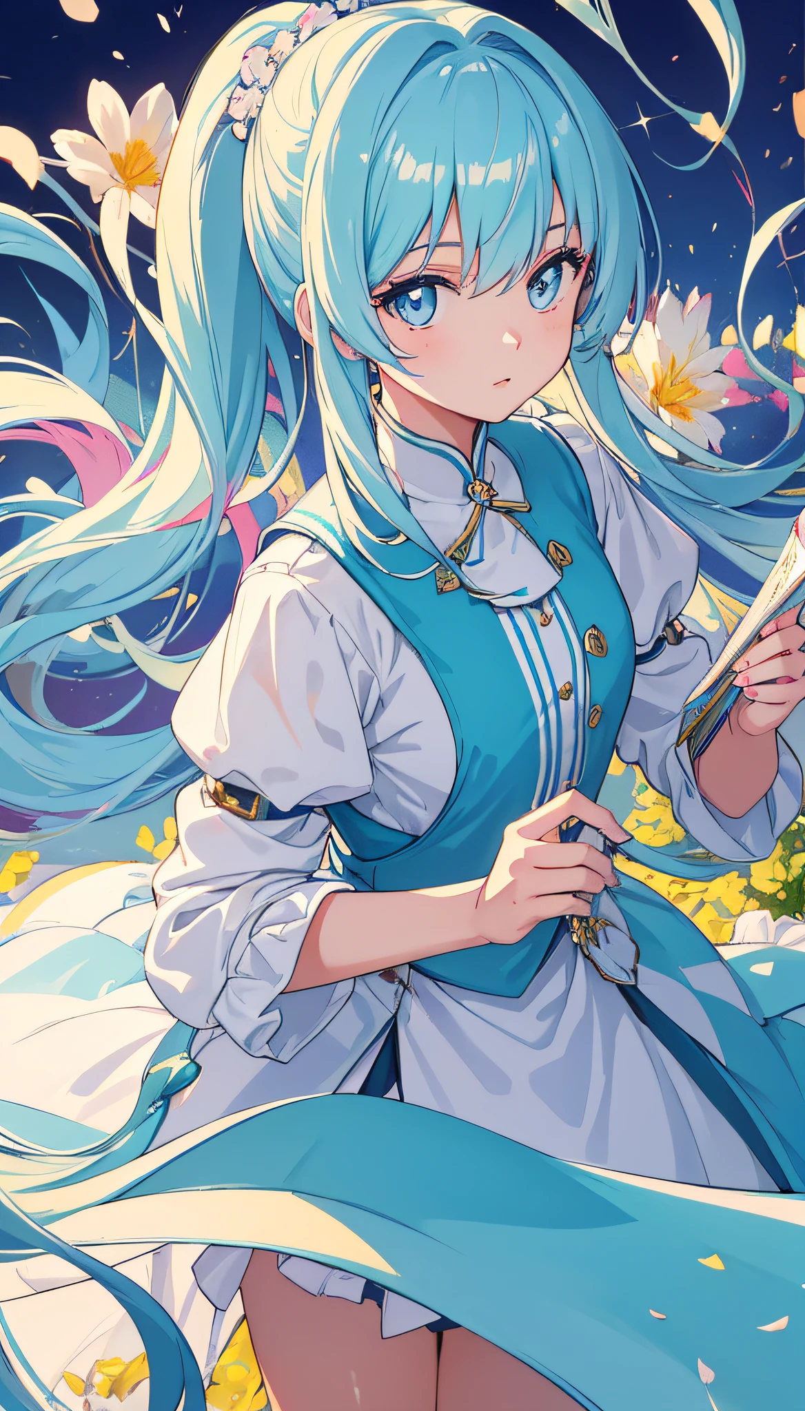 (masterpiece), (best quality), (ultra detailed),(disheed hair),(illustration), (1girl), (Fashionable clothing), standing, Fashion model, looking at viewer, (interview), (simple background), beautiful and delicate eyes, delicate beauty, floating, (high saturation), (colorful splash), colorful bubbles, (shine), focus on face, ponytail, Ayaka Kamisato, light blue hair, bangs, hair ring, floating flowers, flowing hair, (shiny), (reflective), best illumination, best shadow,