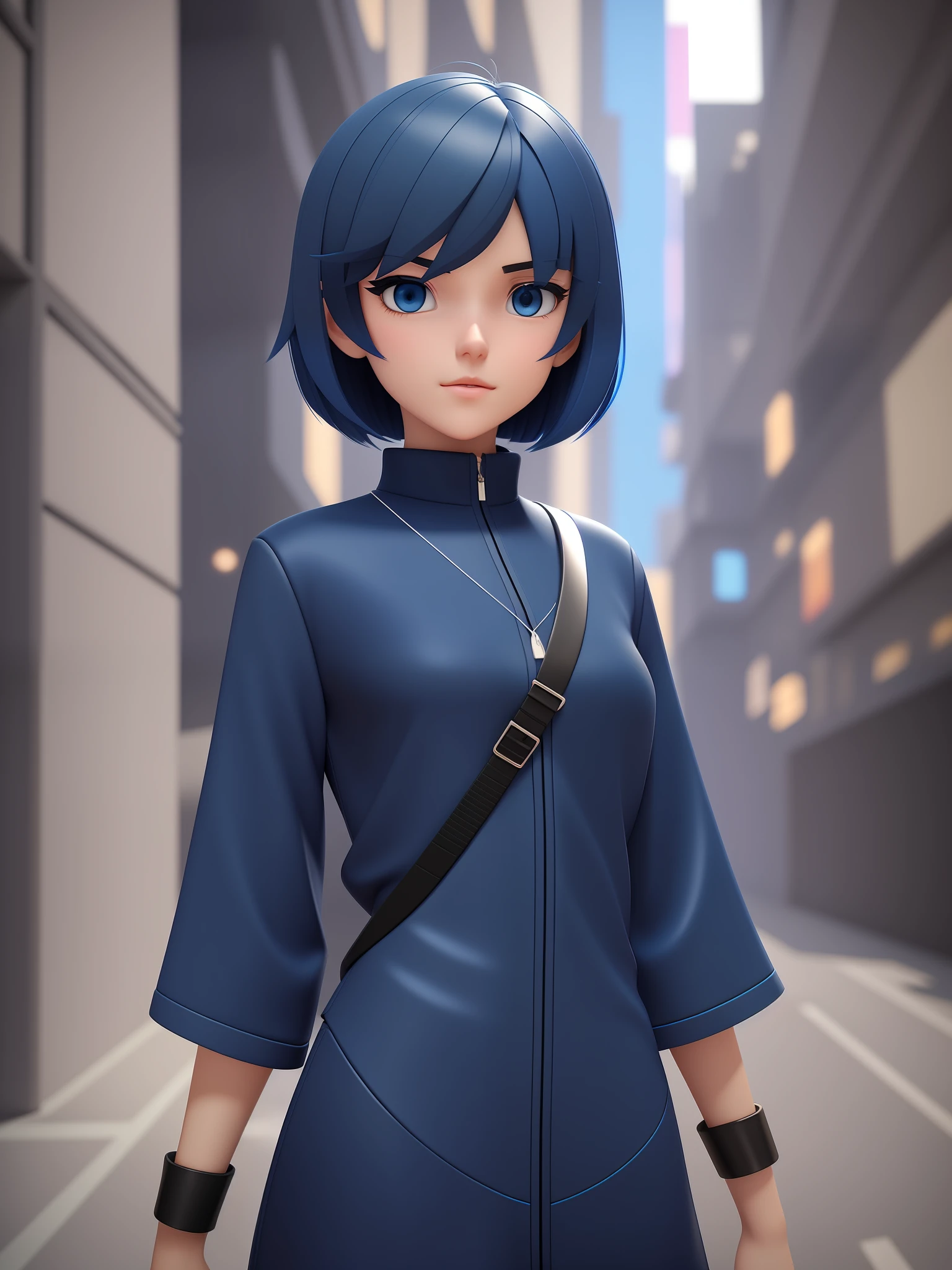 Young girl, a cartoon character light dark blue clothing, (short hair and dark blue), stylized character, animation character, stylized 3d render, 3d character, highly detailed character, stylized anime, stylized 3d, render character, character model, close up, maximum quality