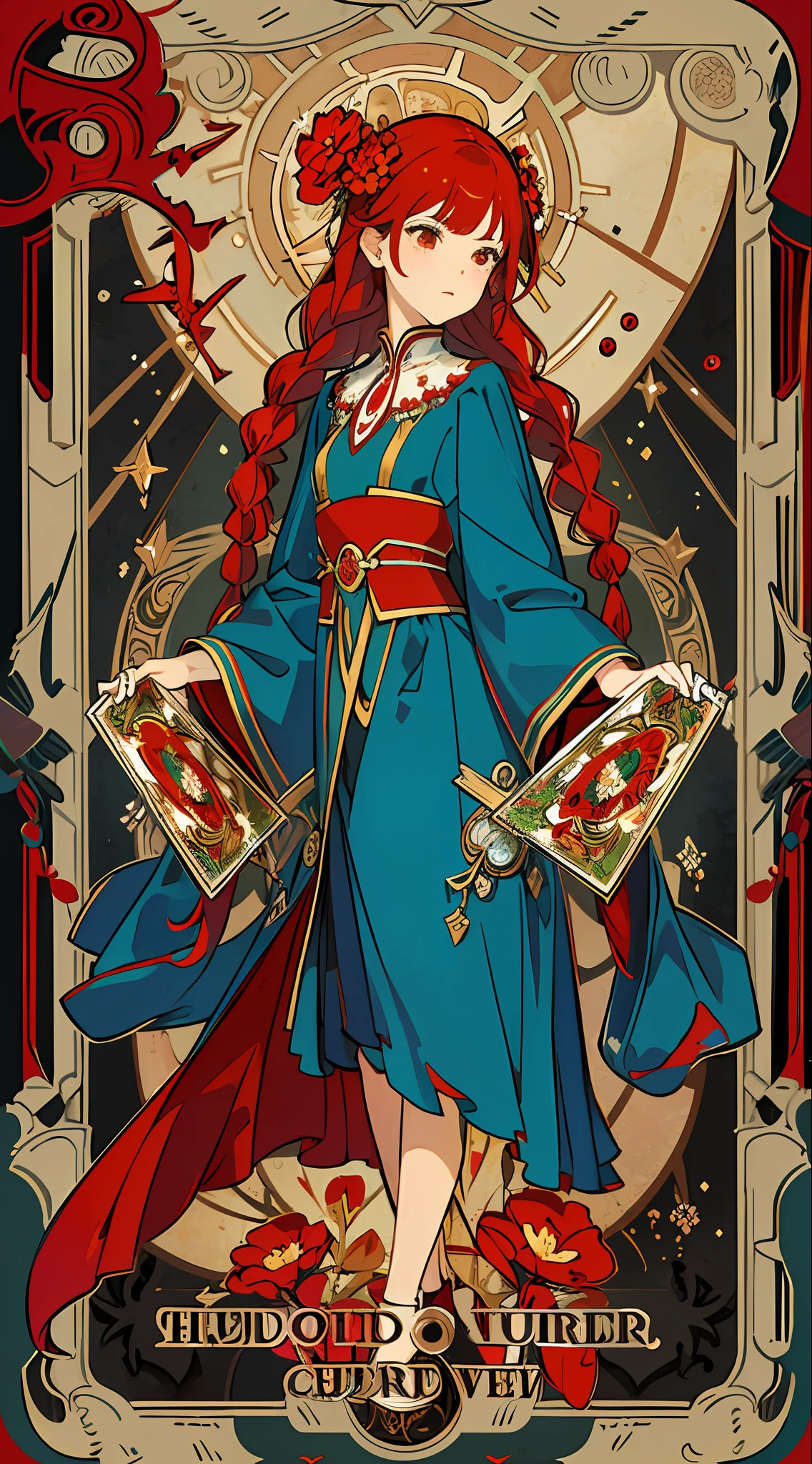 (masterpiece, top quality, best quality, official art, beautiful and aesthetic:1.2), (1girl:1.3), (fractal art:1.3), card, tarot, red hair, twin braids, hair flower, (good lighting:1.1), ((highres)), Tarot card style