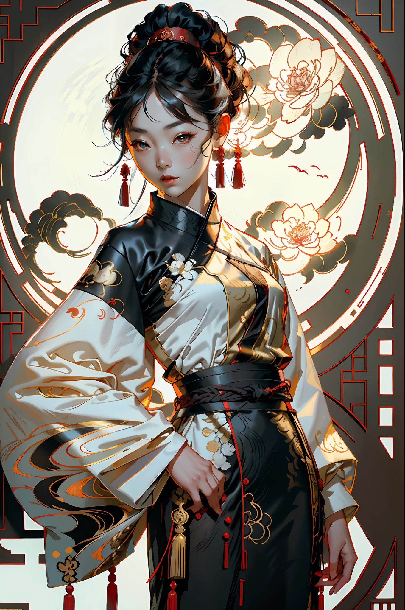 A woman in Chinese clothing,  A very majestic look, Solid red background, Lots of white space, cowboy shot, symmetry, projected inset