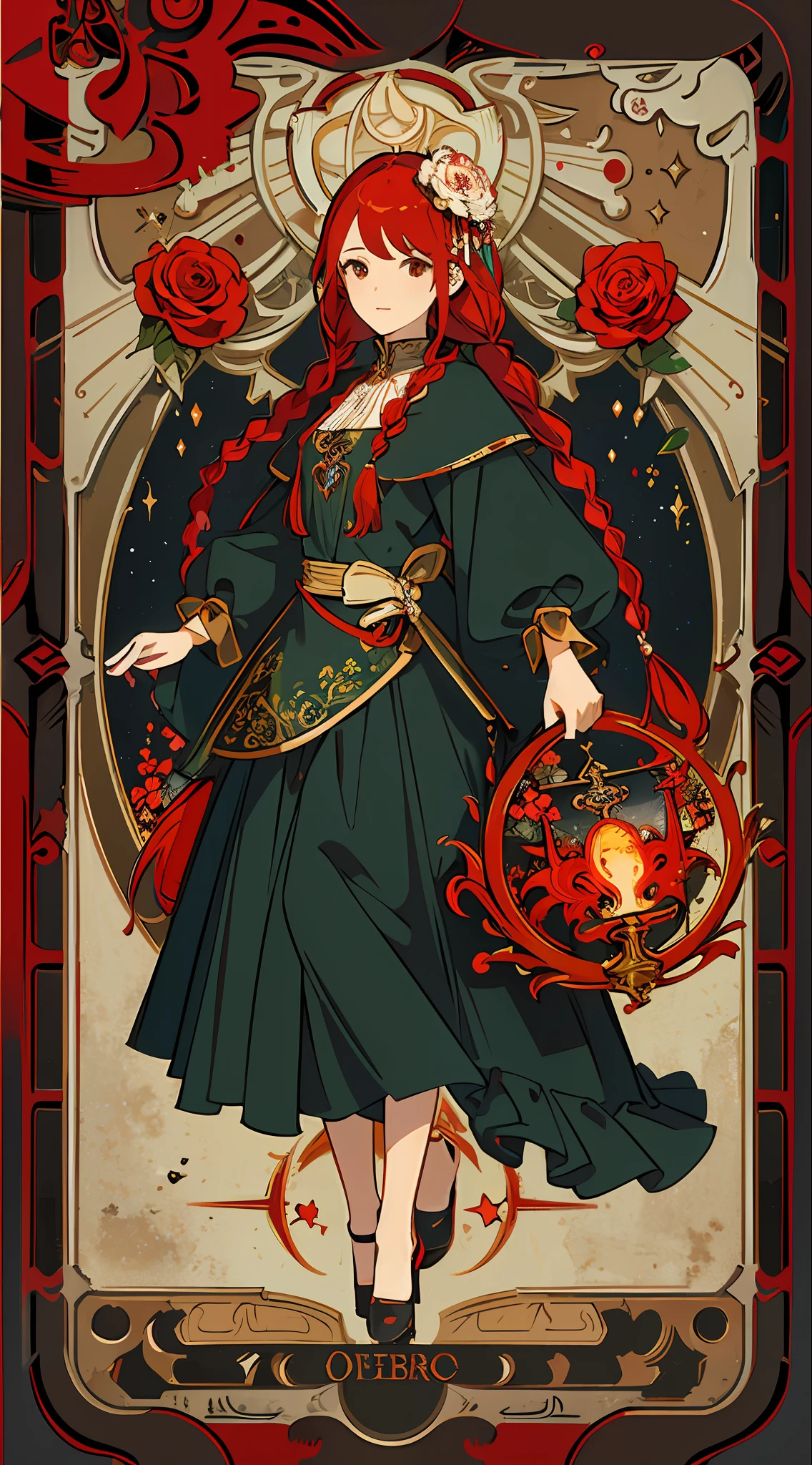 (masterpiece, top quality, best quality, official art, beautiful and aesthetic:1.2), (1girl:1.3), (fractal art:1.3), card, tarot, red hair, twin braids, hair flower, (good lighting:1.1), ((highres)), Tarot card style