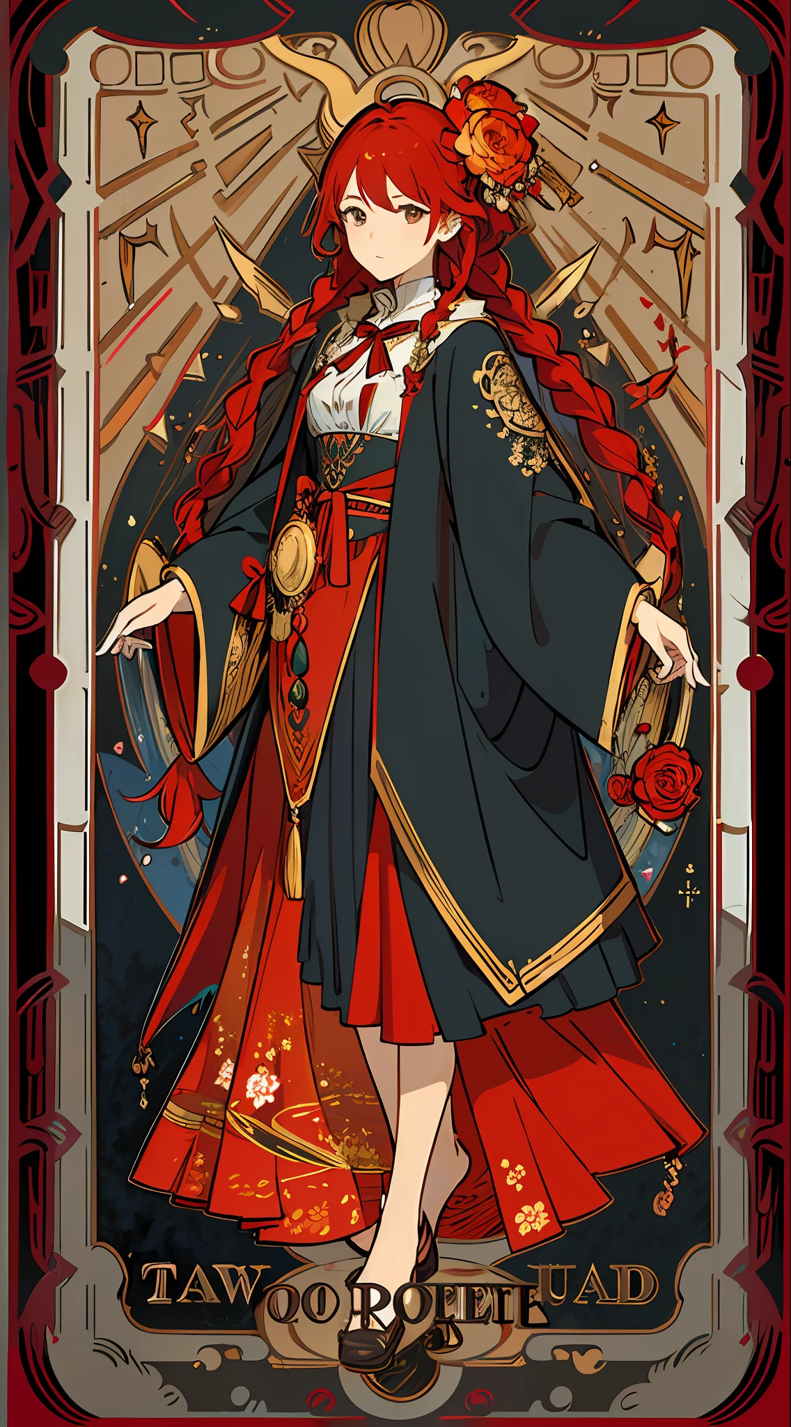 (masterpiece, top quality, best quality, official art, beautiful and aesthetic:1.2), (1girl:1.3), (fractal art:1.3), card, tarot, red hair, twin braids, hair flower, (good lighting:1.1), ((highres)), Tarot card style