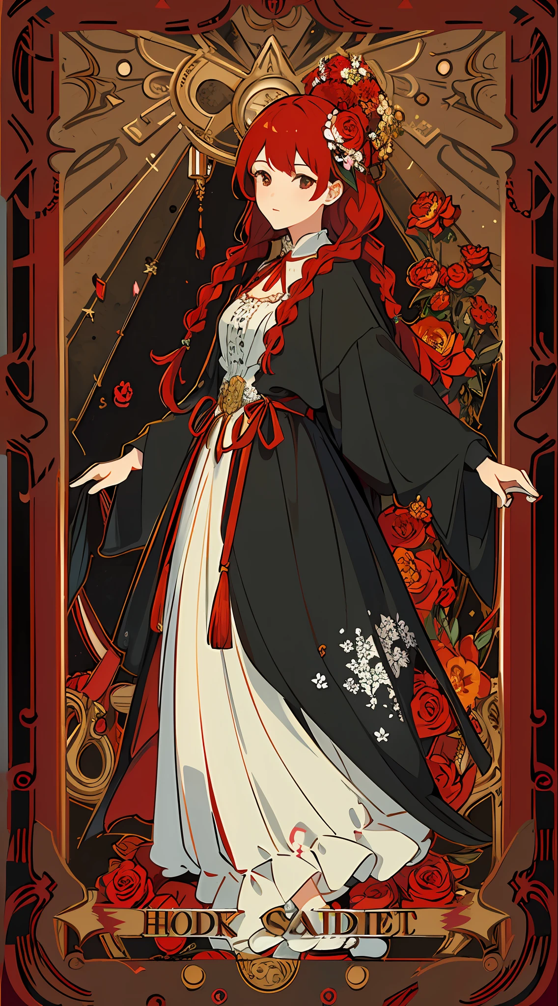 (masterpiece, top quality, best quality, official art, beautiful and aesthetic:1.2), (1girl:1.3), (fractal art:1.3), card, tarot, red hair, twin braids, hair flower, (good lighting:1.1), ((highres)), Tarot card style