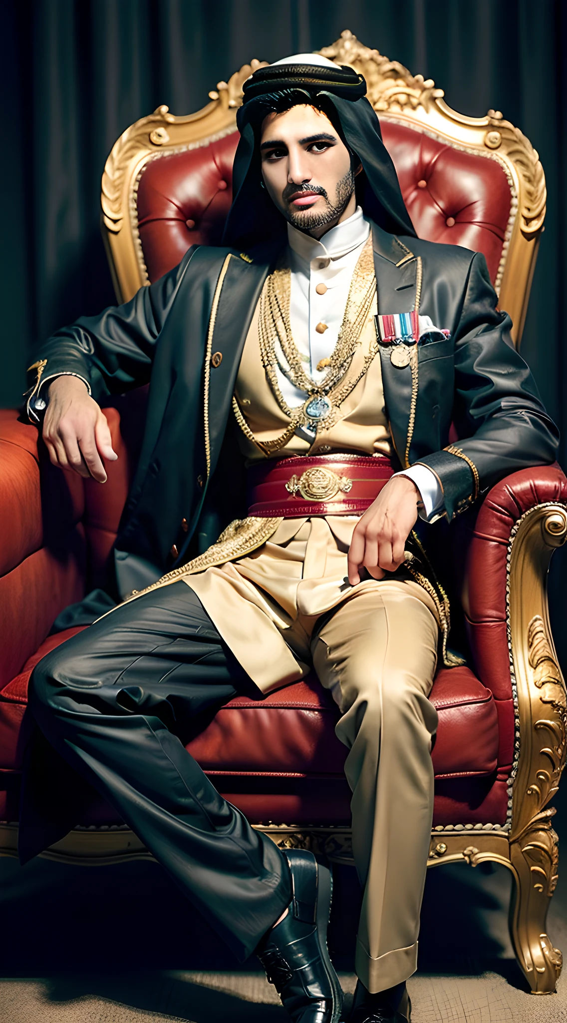 (man) (sitting with legs spread in a golden chair), handsome muscular young boy, teenager, mischievous smile, Hamdan bin Mohammed AI maktoum, Crown Prince of Dubai, (high detail: 1 of 1), natural skin, high quality, beautiful eyes, (detailed face and eyes), (face: 1 2), noise, real photo, PSD, sharp focus, High Resolution 8K, Realistic and Professional Photos, 8K UHD, Soft Lighting, High Quality, Film Grain, FUJIFILM XT3