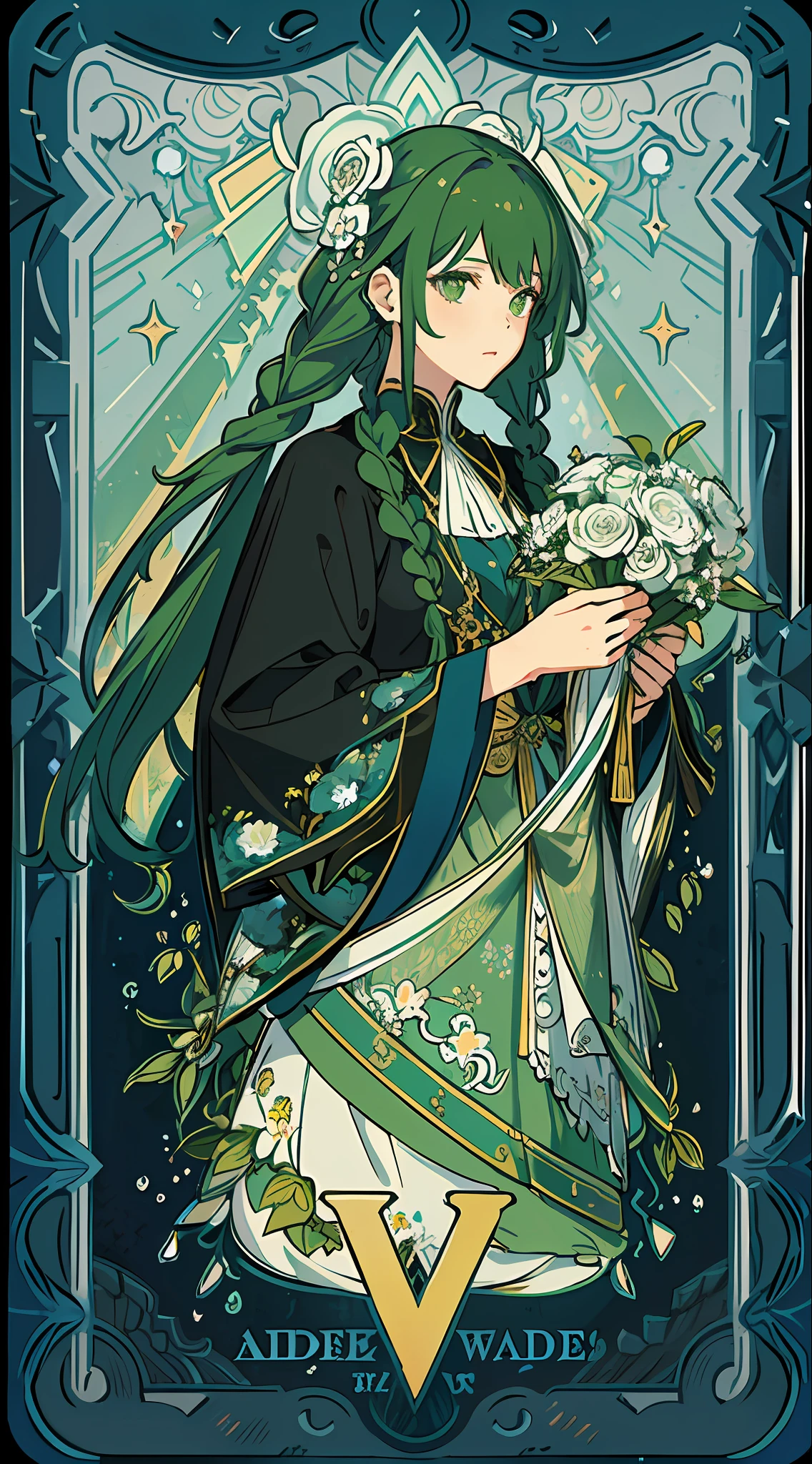 (masterpiece, top quality, best quality, official art, beautiful and aesthetic:1.2), (1girl:1.3), (fractal art:1.3), card, tarot, green hair, twin braids, hair flower, (good lighting:1.1), ((highres)), Tarot card style
