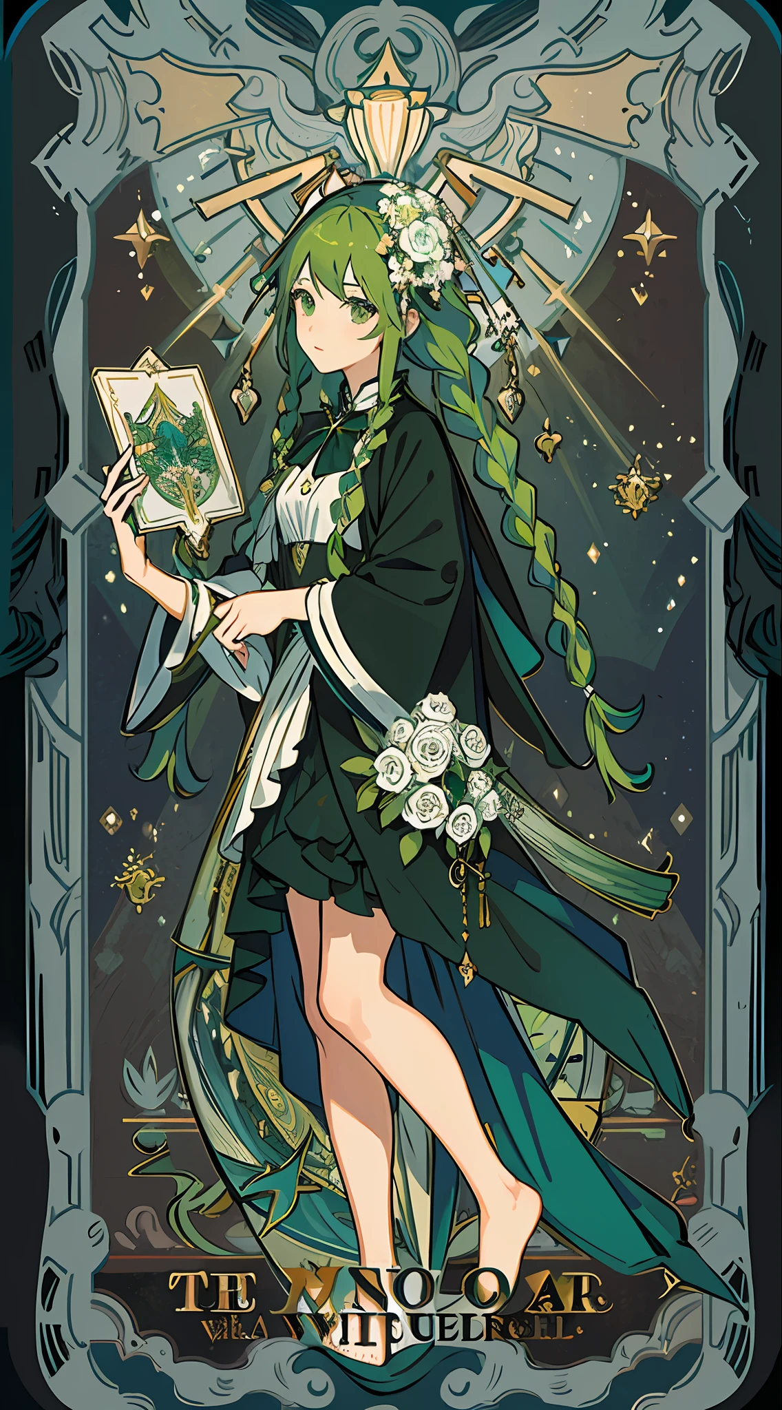 (masterpiece, top quality, best quality, official art, beautiful and aesthetic:1.2), (1girl:1.3), (fractal art:1.3), card, tarot, green hair, twin braids, hair flower, (good lighting:1.1), ((highres)), Tarot card style