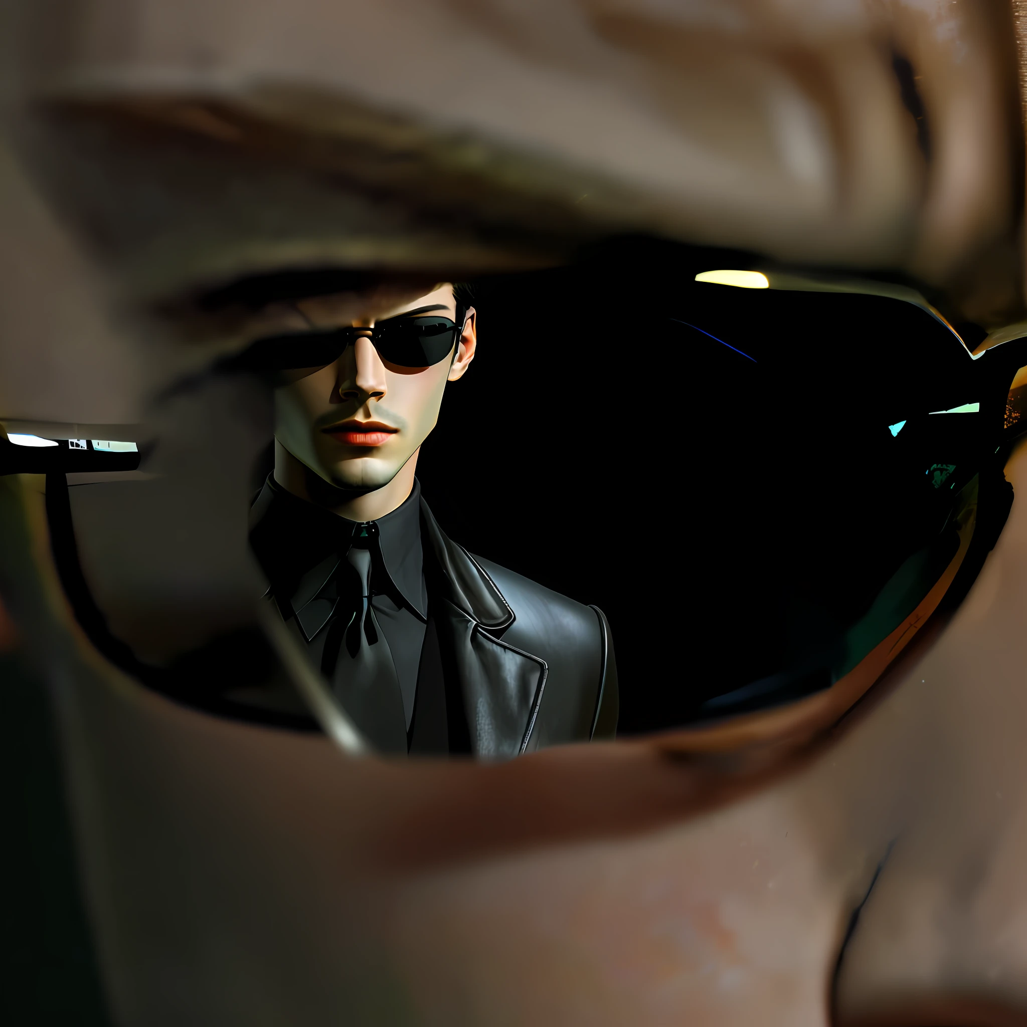 there is a reflection of a fan art of (neo from the matix) face projected on sunglasses, head and neck ((neo from matrix face)), (((head and neck))), keanu reaves, the matrix (1999), sunglasses, night, 80mm, ((western animation)), (short hair), ((face reflected on black glass)), ((full head)), (((young)))