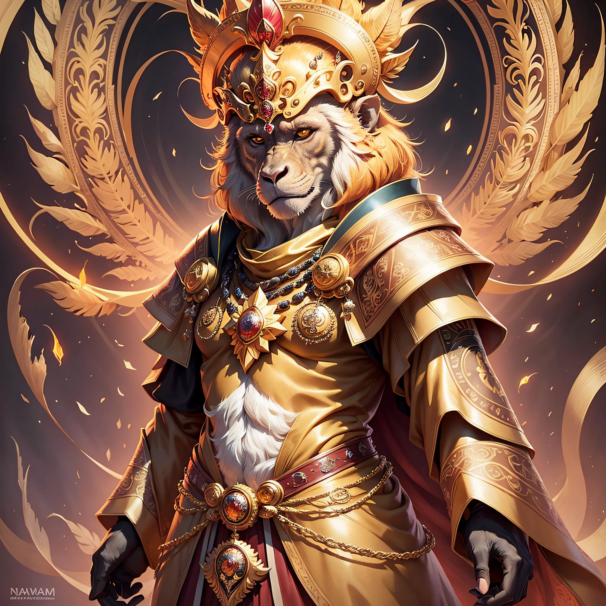 NFT #1 - Name: "Golden Monarch"
Description: This NFT is an incredibly realistic and detailed digital artwork. The model depicts a majestic monkey in a bright golden hue, standing out on a background of vibrant red hues. The meticulous details and fusion of warm colors evoke a sense of royalty and power. Feel captivated by the elegance of the "Golden Monarch". --auto --s2