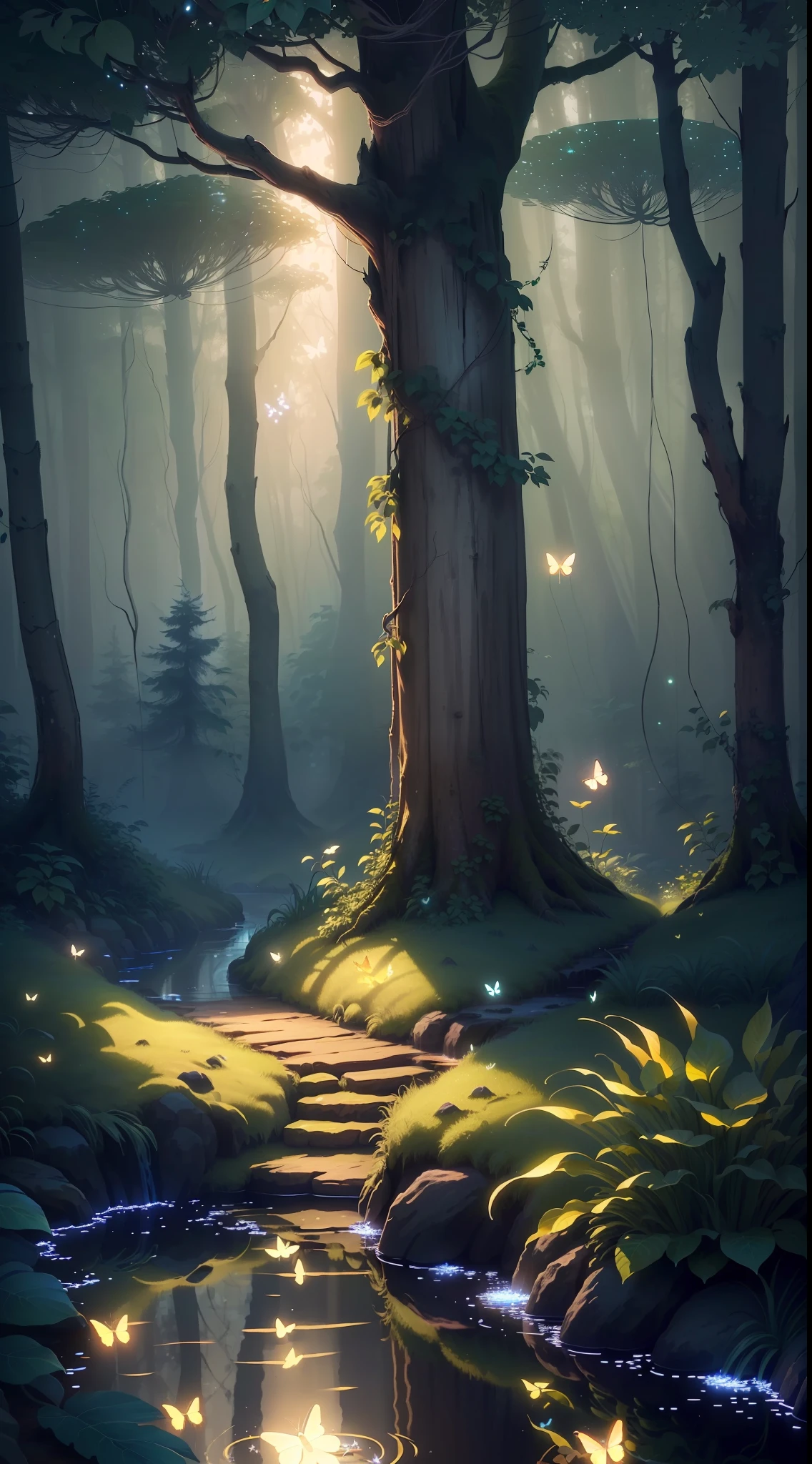 A masterpiece, the best quality, stunning reflections, the best reflections ever. (very detailed CG unity 8k wallpapers), (best quality), (best illustrations), (best shadows), forest theme with natural elements. Tall trees, quiet streams, small glowing mushrooms surrounded by delicate leaves and branches, with fireflies and glowing particle effects,, (natural elements), (jungle theme), (leaves), (twigs), (fireflies), butterflies, (delicate leaves), (glow), (particle effects). , Isometric 3D, Octane Rendering, Ray Traced, Super Detailed