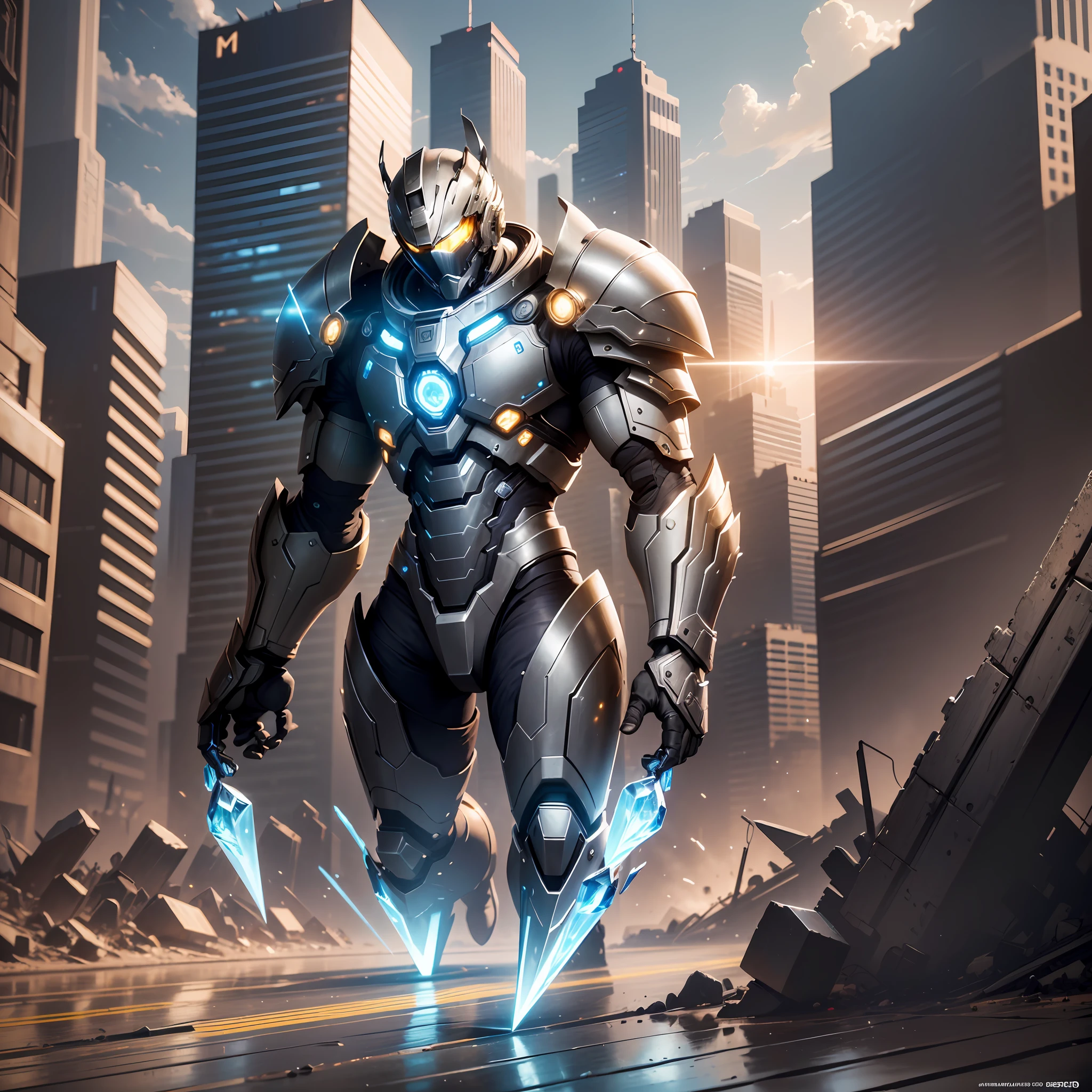 (best quality:1.2), (best performance:1.4), (best illustration), (best artist), (extremely detailed 8k CG unit wallpaper:1.2), (1boy), using electronic technological armor with a crystal on the chest, cinematic lighting from Paramount studios, artistic dramatic lighting typical of cinema, destroyed city backdrop with low lighting, drama film, basically.