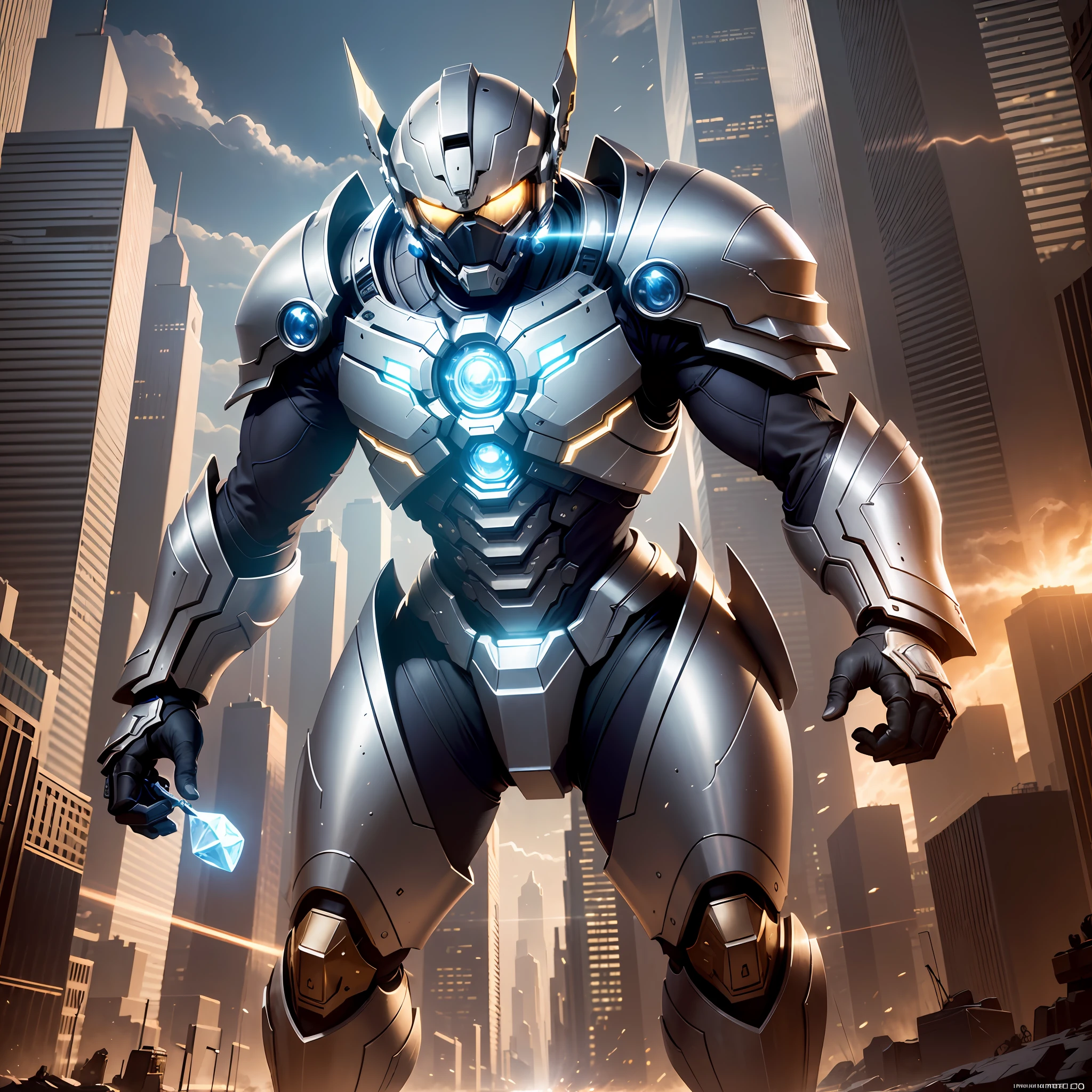 (best quality:1.2), (best performance:1.4), (best illustration), (best artist), (extremely detailed 8k CG unit wallpaper:1.2), (1boy), using electronic technological armor with a crystal on the chest, cinematic lighting from Paramount studios, artistic dramatic lighting typical of cinema, destroyed city backdrop with low lighting, drama film, basically.