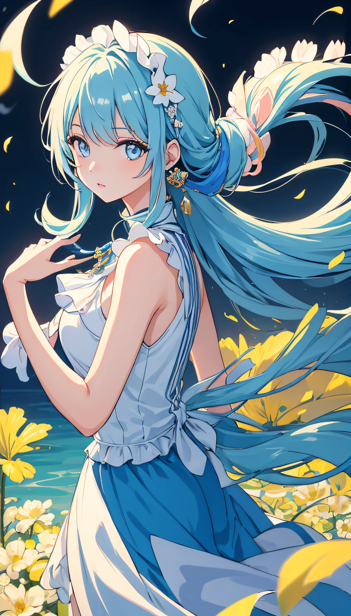 (masterpiece), (best quality), (ultra detailed),(disheed hair),(illustration), (1girl), (Fashionable clothing), standing, Fashion model, looking at viewer, (interview), (simple background), beautiful and delicate eyes, delicate beauty, floating, (high saturation), (colorful splash), colorful bubbles, (shine), focus on face, ponytail, Ayaka Kamisato, light blue hair, bangs, hair ring, floating flowers, flowing hair, (shiny), (reflective), best illumination, best shadow,
