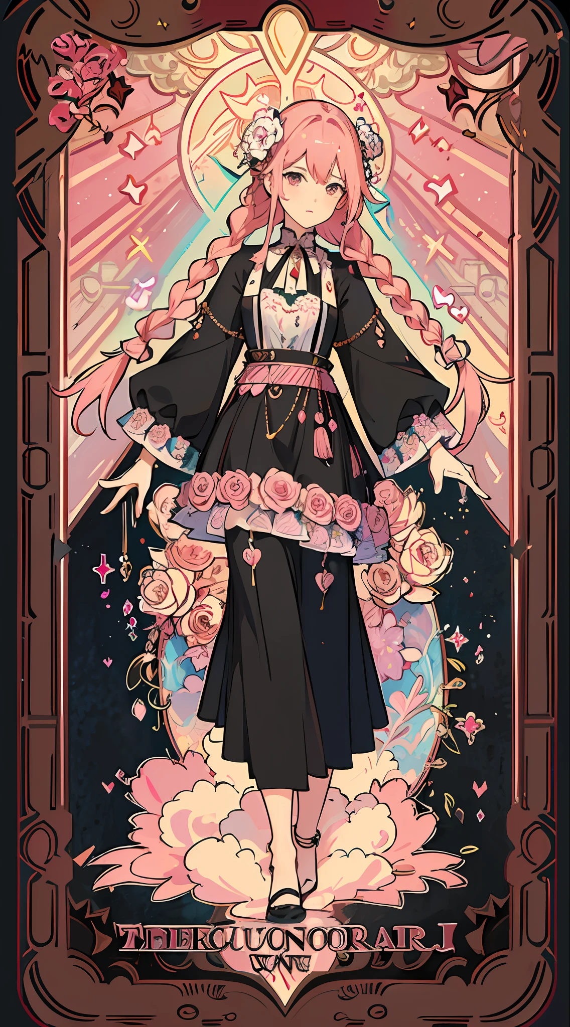 (masterpiece, top quality, best quality, official art, beautiful and aesthetic:1.2), (1girl:1.3), (fractal art:1.3), card, tarot, pink hair, hearts, twin braids, hair flower, (good lighting:1.1), ((highres)), Tarot card style