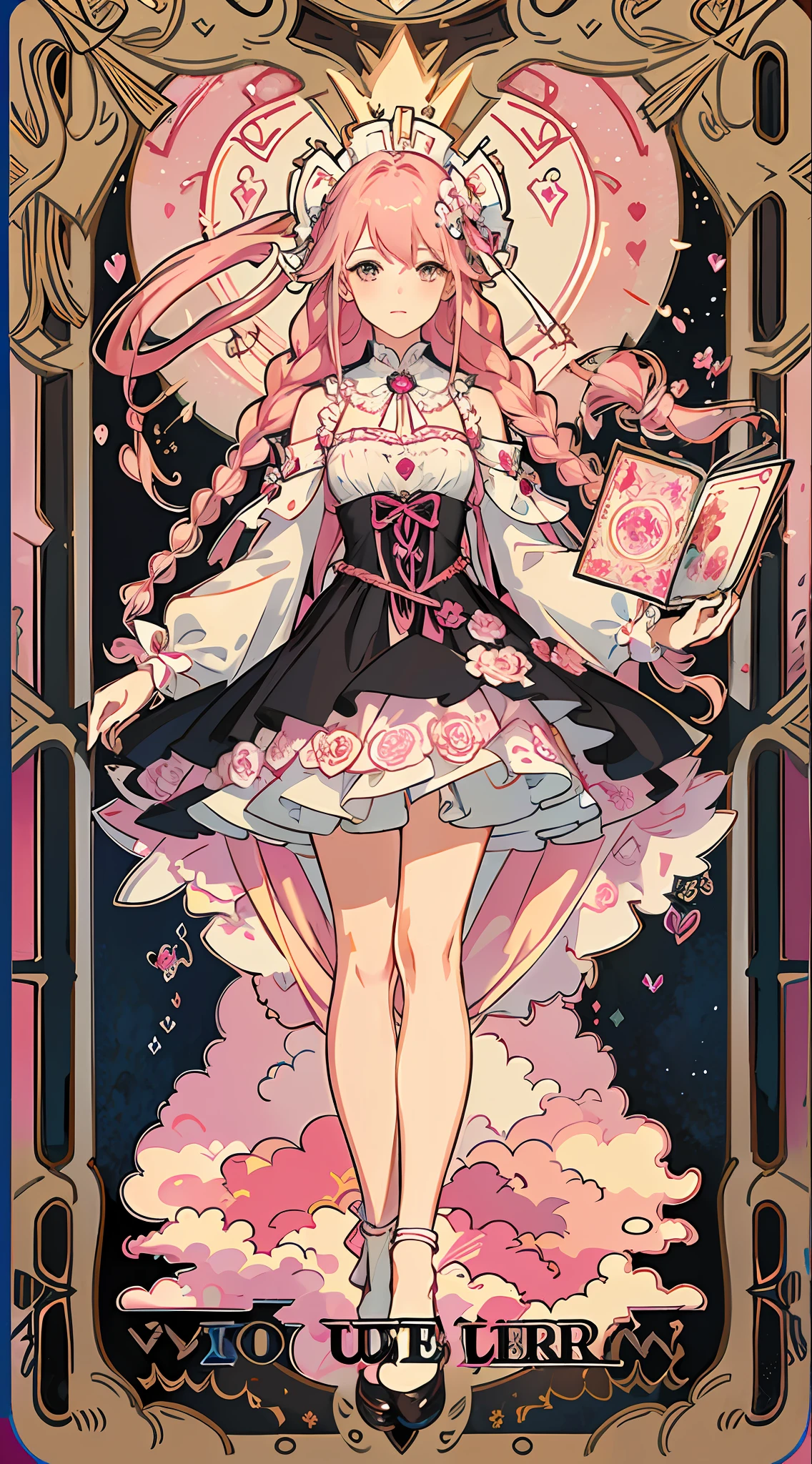 (masterpiece, top quality, best quality, official art, beautiful and aesthetic:1.2), (1girl:1.3), (fractal art:1.3), card, tarot, pink hair, hearts, twin braids, hair flower, (good lighting:1.1), ((highres)), Tarot card style