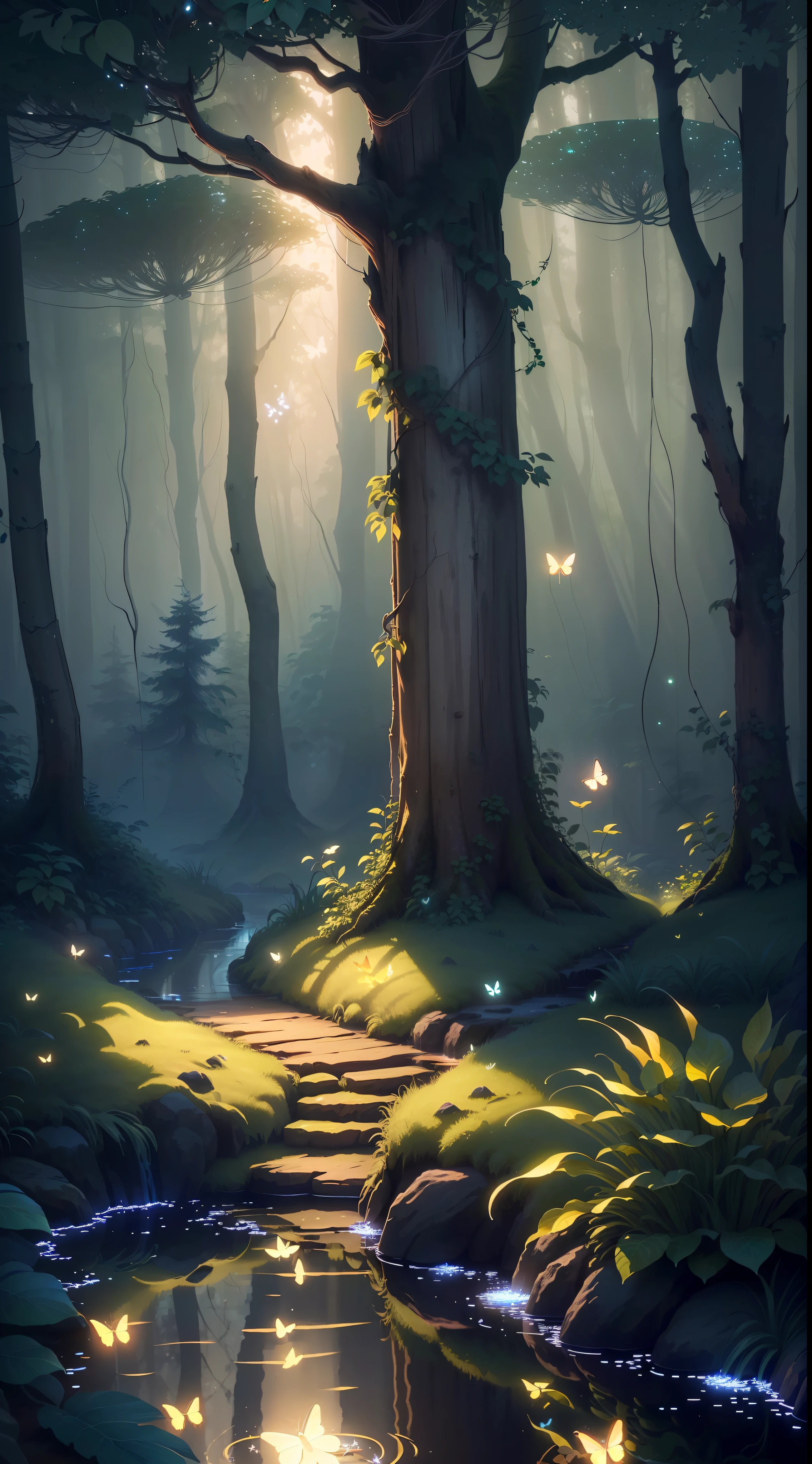 A masterpiece, the best quality, stunning reflections, the best reflections ever. (very detailed CG unity 8k wallpapers), (best quality), (best illustrations), (best shadows), forest theme with natural elements. Tall trees, quiet streams, small glowing mushrooms surrounded by delicate leaves and branches, with fireflies and glowing particle effects,, (natural elements), (jungle theme), (leaves), (twigs), (fireflies), butterflies, (delicate leaves), (glow), (particle effects). , Isometric 3D, Octane Rendering, Ray Traced, Super Detailed