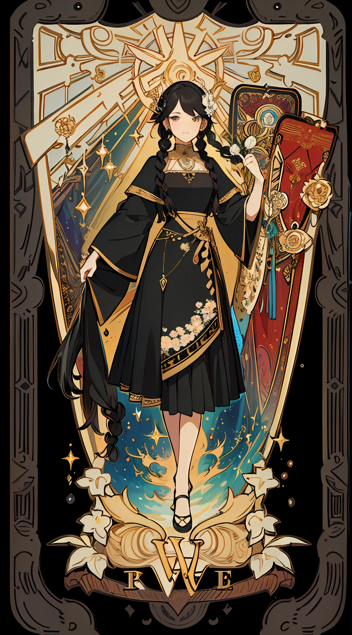 (masterpiece, top quality, best quality, official art, beautiful and aesthetic:1.2), (1girl:1.3), (fractal art:1.3), card, tarot, black hair, twin braids, hair flower, (good lighting:1.1), ((highres)), Tarot card style