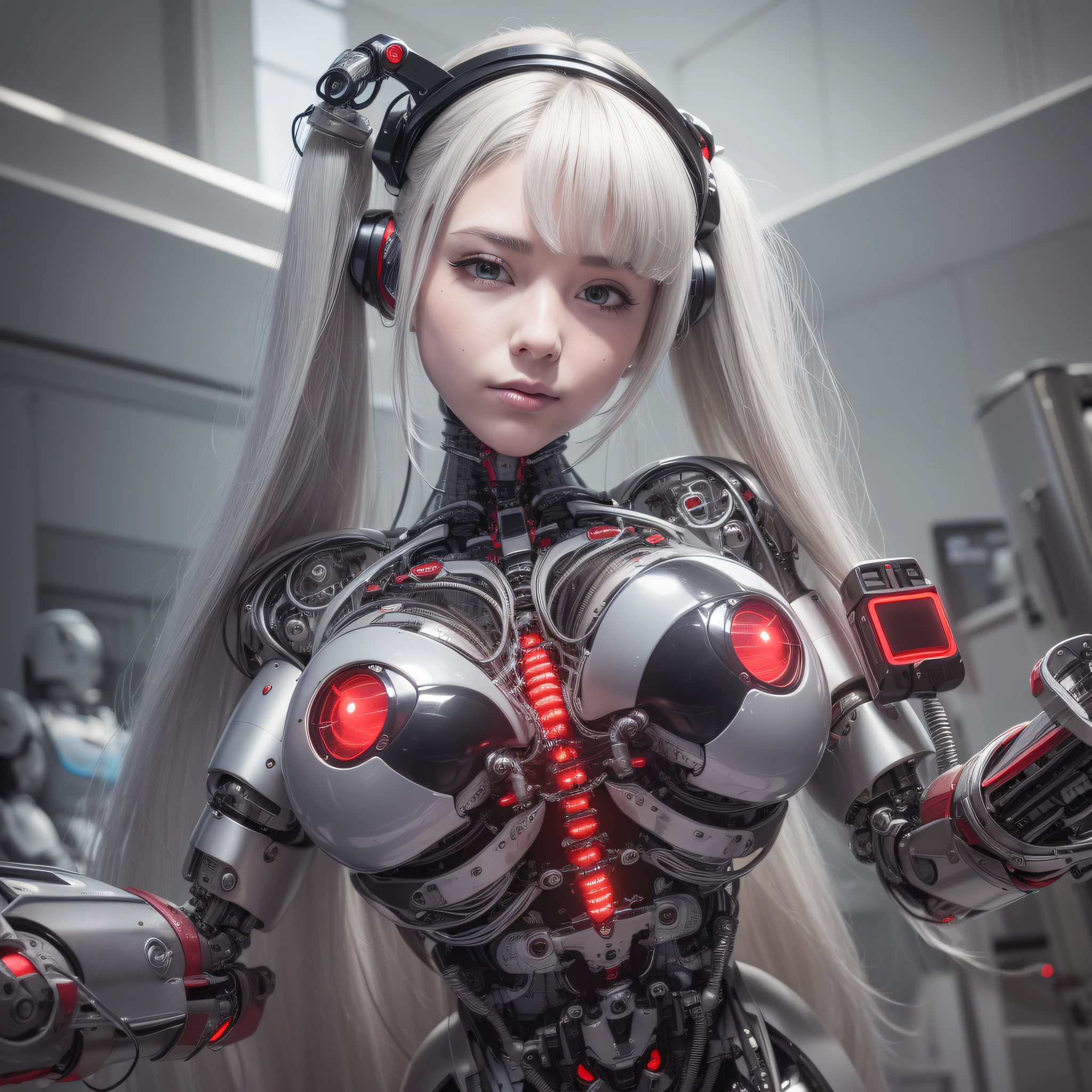 Beautiful Face,face is Japan, 1 Woman, Big, Curvaceous,(8k, RAW photo, top quality, masterpiece: 1.2)(Realistic, Photorealistic: 1.37) (Blood vessel attached to tube)((((Bikini Cyborg robot parts)))), (Light gray hair), Long hair, Wavy hair, Twin tails, Medium shot, ((Seductive smile) ), (Black Eyes), Hime Cut,From Below,(whole body),posing,,Inside the lab,( Blood vessel connected to a tube),((Mechanical vertebrae attached to the back)),((Mechanical neck attached to the neck)),(Wire and cable attached to the head and body),(Character Focus),Science Fiction,