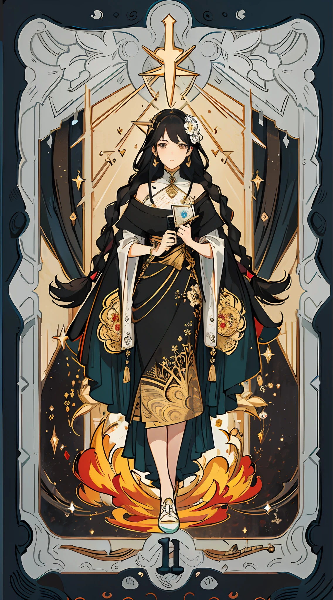 (masterpiece, top quality, best quality, official art, beautiful and aesthetic:1.2), (1girl:1.3), (fractal art:1.3), card, tarot, black hair, twin braids, hair flower, (good lighting:1.1), ((highres)), Tarot card style