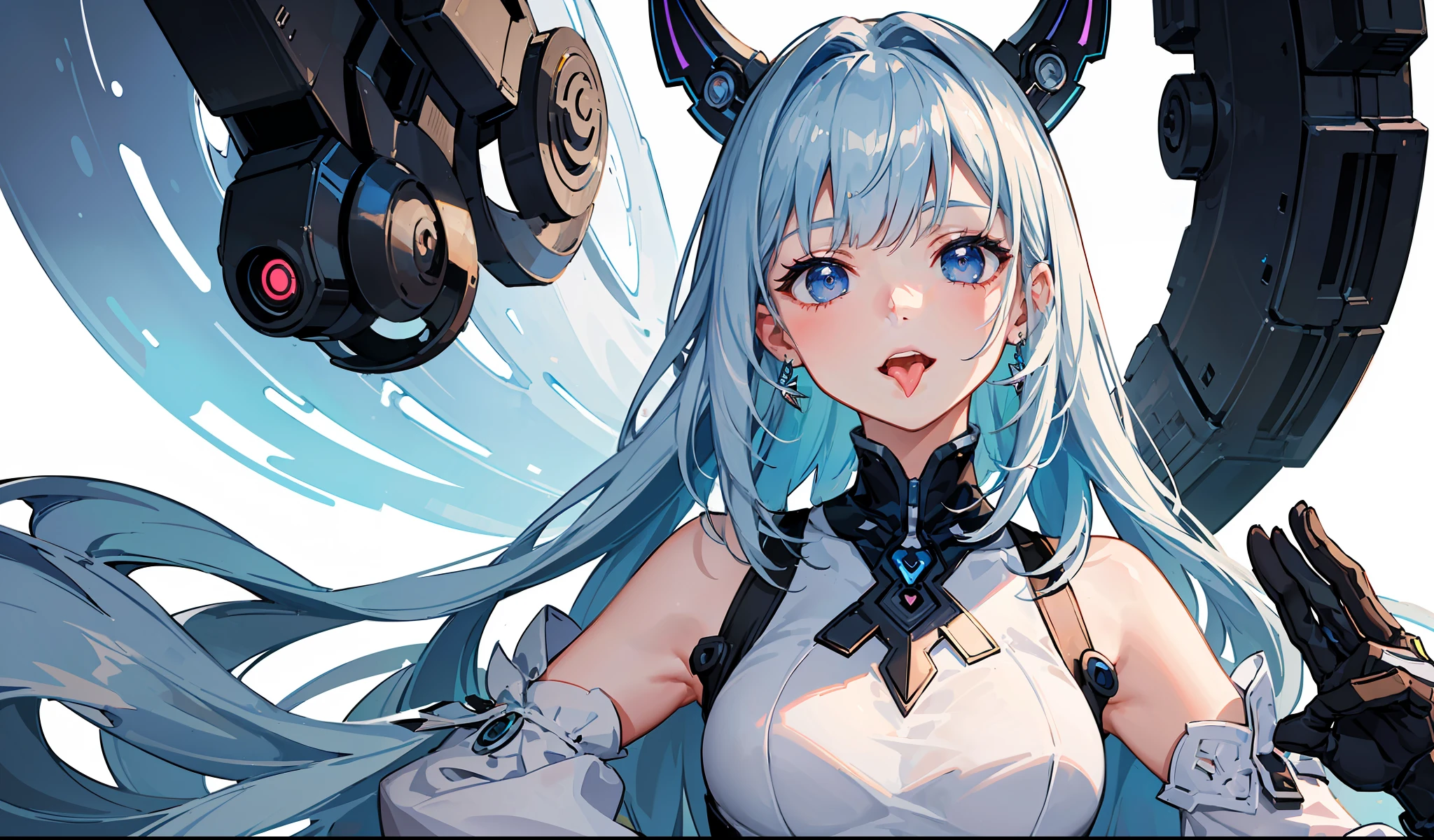 (masterpiece:1.3), (best quality:1.3), high-resolution,
watercolor pencil,
look_up_to, view straight on, upper body,
leaning_forward,
(cute1girl:1.3), solo,
white skin, small Breast, eight-headed person,
light blue hair, (blue gradiient hair:1.1), very short hair, blunt bangs, beautiful hair, blue eyes, beautiful detailed eyes,
(tongue out:1.4), open mouth, seductive smile, embarrassed, heart,
detached sleeves, Futuristic clothing, mechanical suit, Simple Costumes, earrings,
(white background:1.2), simple background,
shadowlighting,