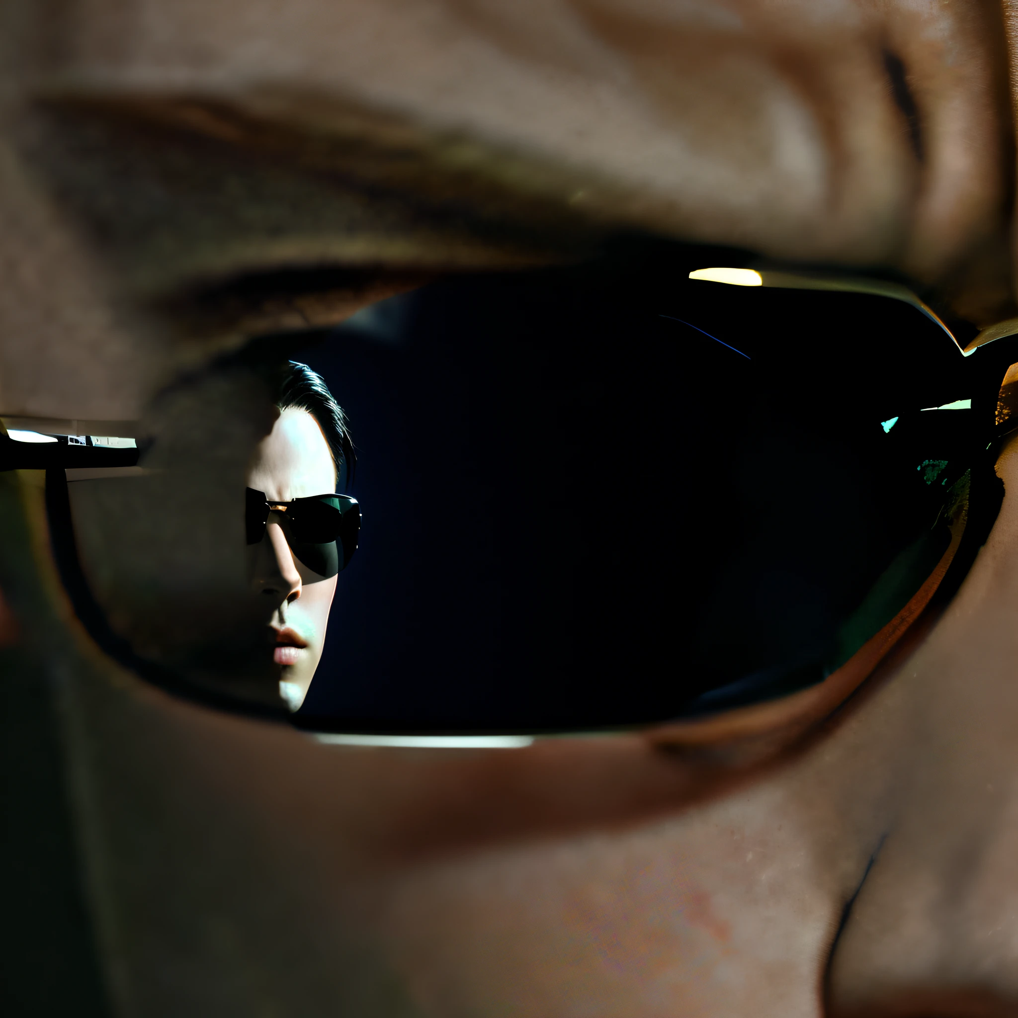 there is a reflection of a fan art of (neo from the matix) face projected on sunglasses, head and neck ((neo from matrix face)), (((head and neck))), keanu reaves, the matrix (1999), sunglasses, night, 80mm, ((western animation)), (short hair), ((face reflected on black glass)), (((young)))